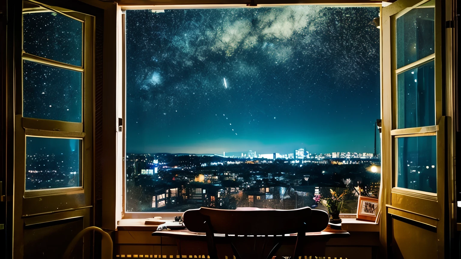 A room where you can see the starry sky from the window、reluctant machine