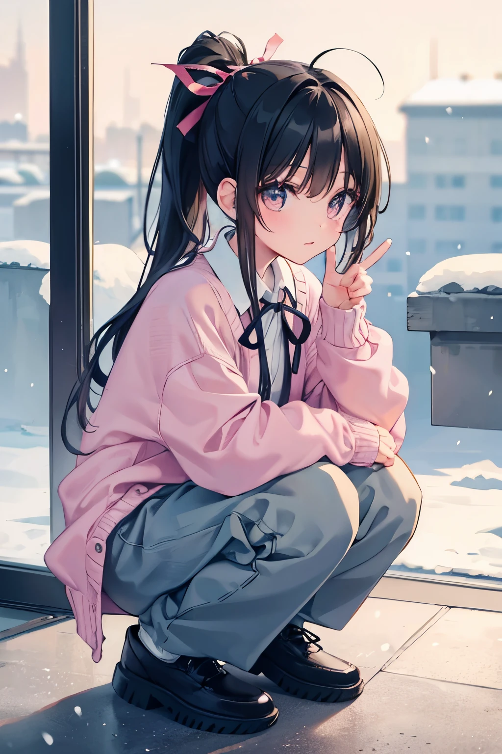 1 girl, ponytail,  baggy pants, It&#39;s snowing in the background, whole body, squatting down, wearing a cardigan over, Moe sleeves, peace, ribbon hair ornament, black hair