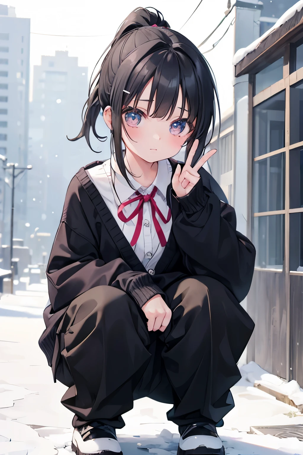 1 girl, ponytail,  baggy pants, It&#39;s snowing in the background, whole body, squatting down, wearing a cardigan over, Moe sleeves, peace, ribbon hair ornament, black hair