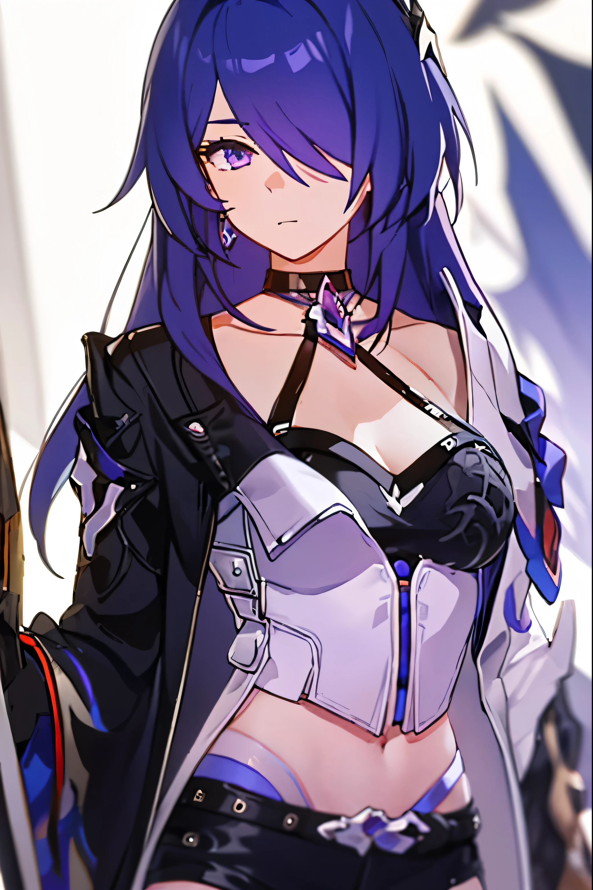 (Masterpiece, Best quality, best shadow), (detailed background), 1girl, One, girl, Honkai: star rail, Acheron, purple hair, long hair, shorts, one eye hidden behind hair