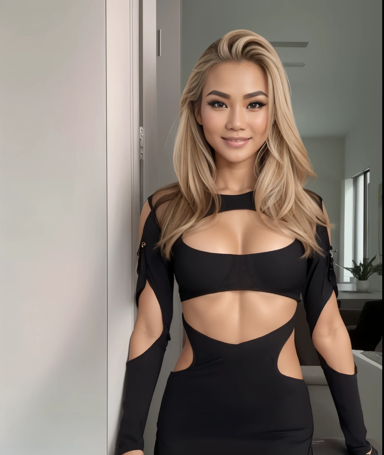 Young Thai woman, Fit physique, fitness physique, portant de la lingerie noire sexy, watch on the canapé, les jambes ouvertes, corps sexy, (8K), (best quality), (chef-d&#39;artwork:1.3), (realistic), (Photorealistic:1.34), ultra-detailed, [Beautiful detailed eyes], (sourire), (sourire), (beautiful detailed nose), [cheveux blonds très longs], (haut court), lingerie noire, (superbes seins taille normale), (gros plan), profondeur de champ, full body view, sitting on the sofa, legs spread, montrant l&#39;entrejambe, pieds en l'air