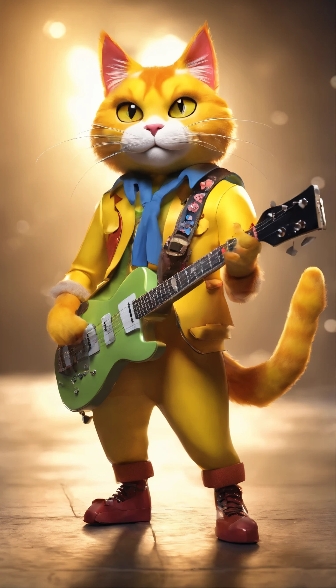 Create a yellow calico cat, The clothes are those worn by rock and rollers., Surreal style dressed in human clothes ,(The background is a rock live venue), holding an electric guitar and playing hard