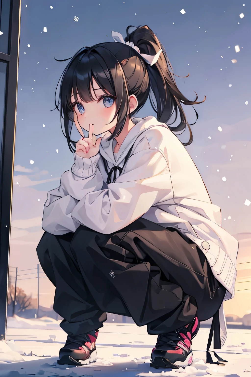 1 girl, ponytail,  baggy pants, It&#39;s snowing in the background, whole body, squatting down, wearing a cardigan over, Moe sleeves, peace, ribbon hair ornament, black hair