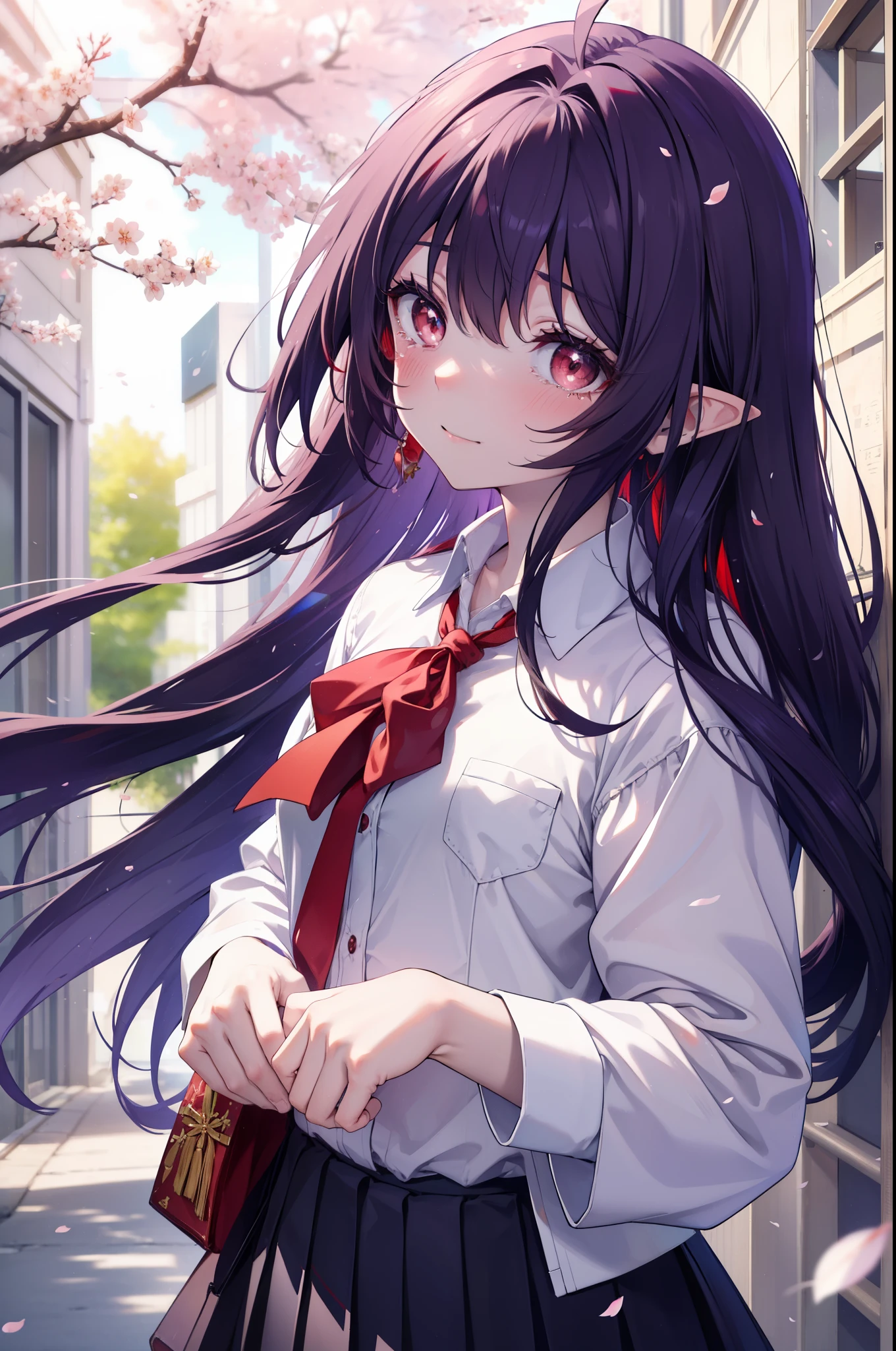 yuukikonno, Yuki Konno, hair band, long hair, pointed ears, purple hair, Ahoge,(red eyes:1.5), (small breasts:1.2), smile,blush,happy atmosphere,
tears run down her face,Crying with joy,graduation ceremony,A red corsage is attached to the chest pocket.、
high school uniform,white dress shirt,red ribbon,purple blazer,black pleated skirt,white pantyhose,brown loafers,Cherry blossom tree-lined path,Cherry blossoms are scattered,
break looking at viewer, Upper body, whole body,
break outdoors, School gates,
break (masterpiece:1.2), highest quality, High resolution, unity 8k wallpaper, (figure:0.8), (detailed and beautiful eyes:1.6), highly detailed face, perfect lighting, Very detailed CG, (perfect hands, perfect anatomy),