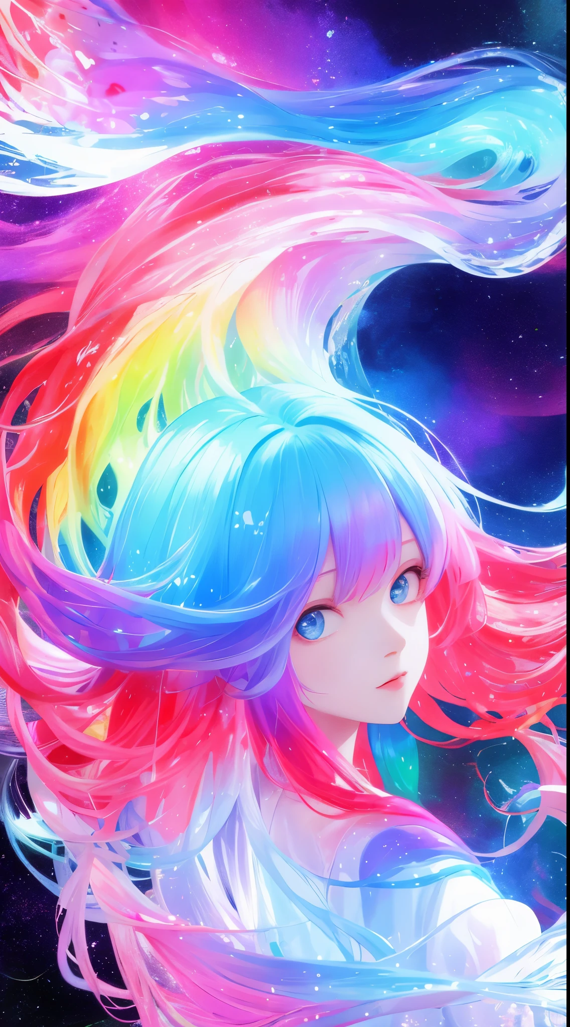 a girl,rainbow colors的头发,Romanticized nature,curls,A dreamlike realm,light white and light red,The atmosphere is very good,wave. 3d. rainbow colors. The melting beauty of the universe. Surrealism in Nebula Reflections. glass texture,Translucent,crystal