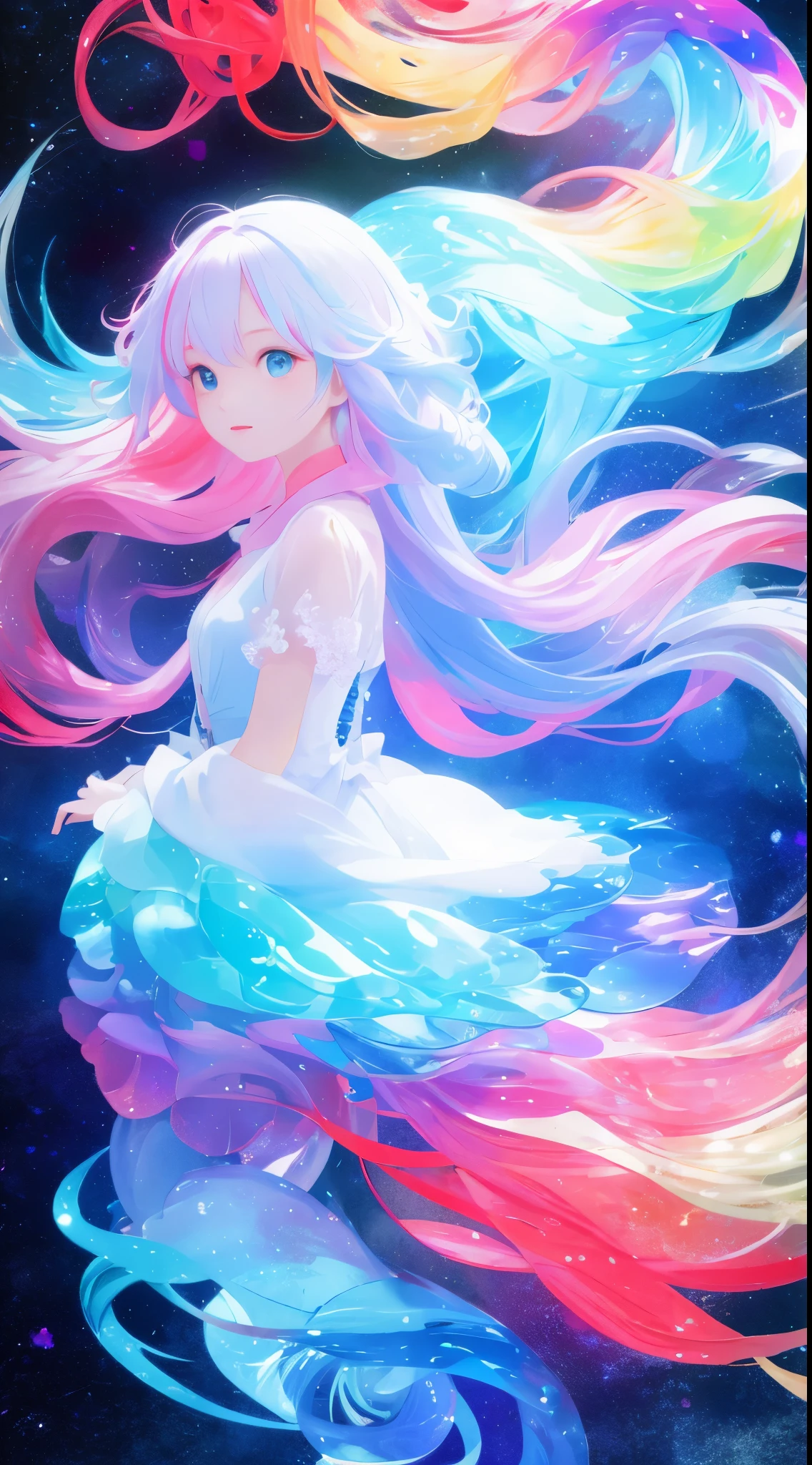 a girl,rainbow colors的头发,Romanticized nature,curls,A dreamlike realm,light white and light red,The atmosphere is very good,wave. 3d. rainbow colors. The melting beauty of the universe. Surrealism in Nebula Reflections. glass texture,Translucent,crystal