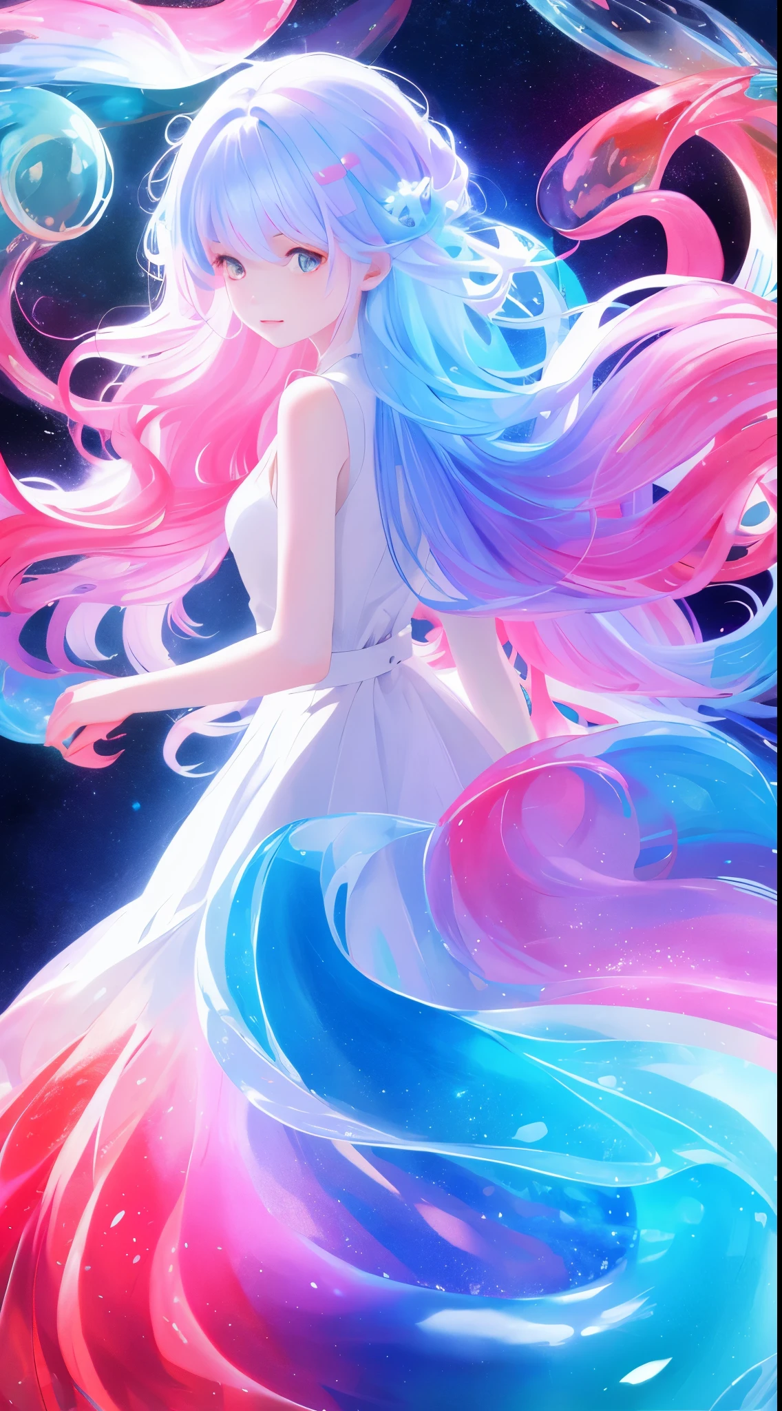 a girl,rainbow colors的头发,Romanticized nature,curls,A dreamlike realm,light white and light red,The atmosphere is very good,wave. 3d. rainbow colors. The melting beauty of the universe. Surrealism in Nebula Reflections. glass texture,Translucent,crystal