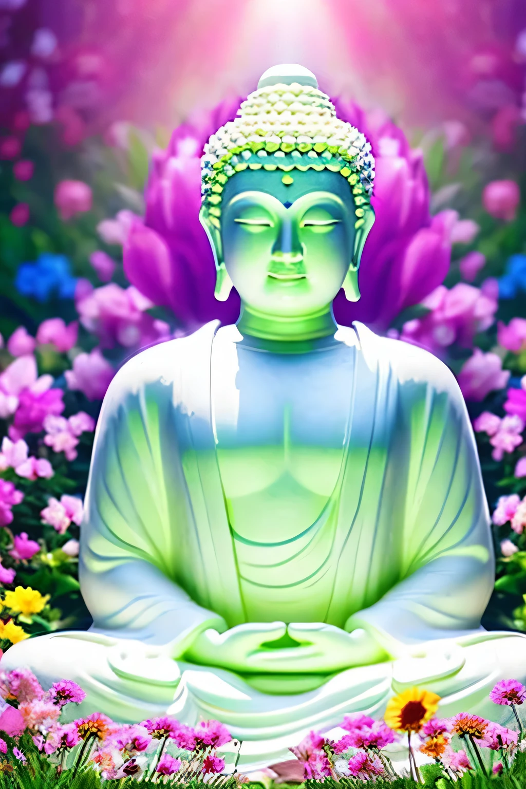 明るい背景のGreat Buddha像　Great Buddha　front　looking here　halo is shining　upper body only　body is 70 on screen%Profession　hold hands　Like a photograph　The background is full of flowers　The background color is pink wonderful background