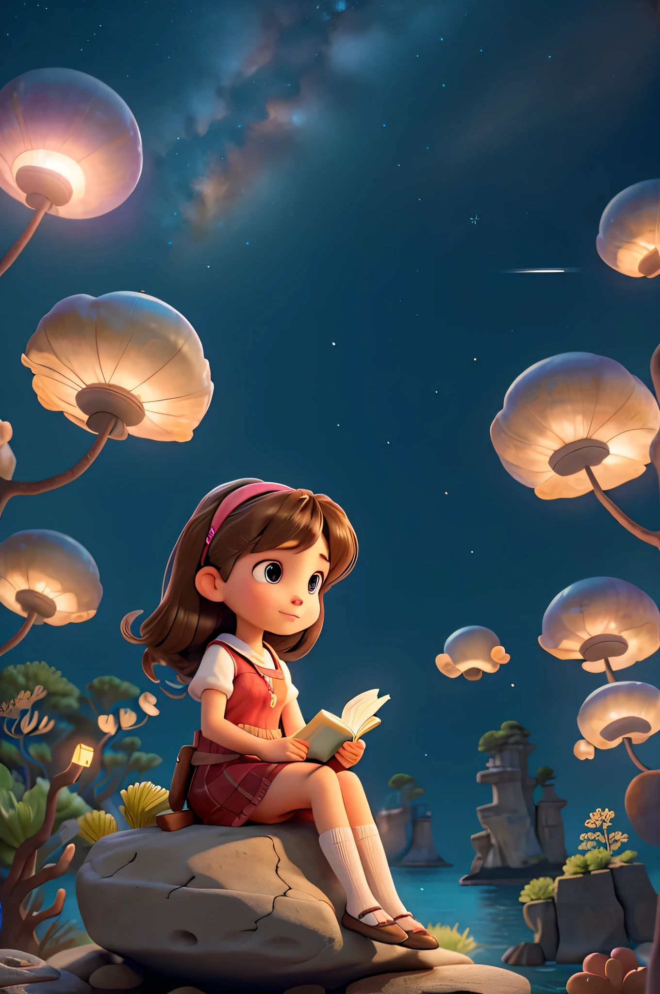 8k,super clear,masterpiece,1 girl,8 year-old,lower your head,Concentrate on reading,sitting on a big rock,The background is a dreamy cosmic starry sky,There are fantastic sea creatures floating around in control,Various wonderful plants