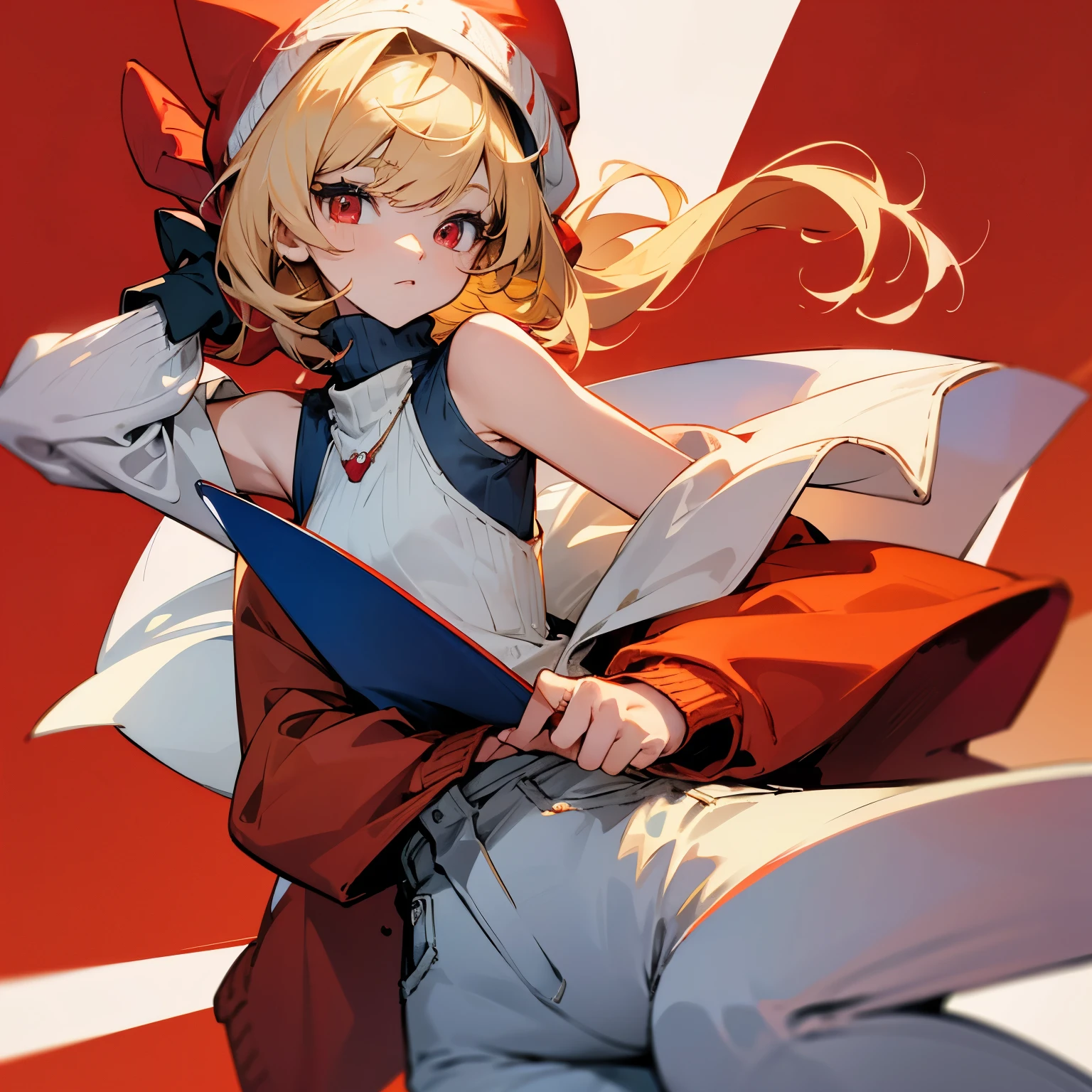medium length blonde hair
light red eyes
white sleeveless turtleneck sweater + red cardigan
baggy navy jeans
dark blue cat beanie