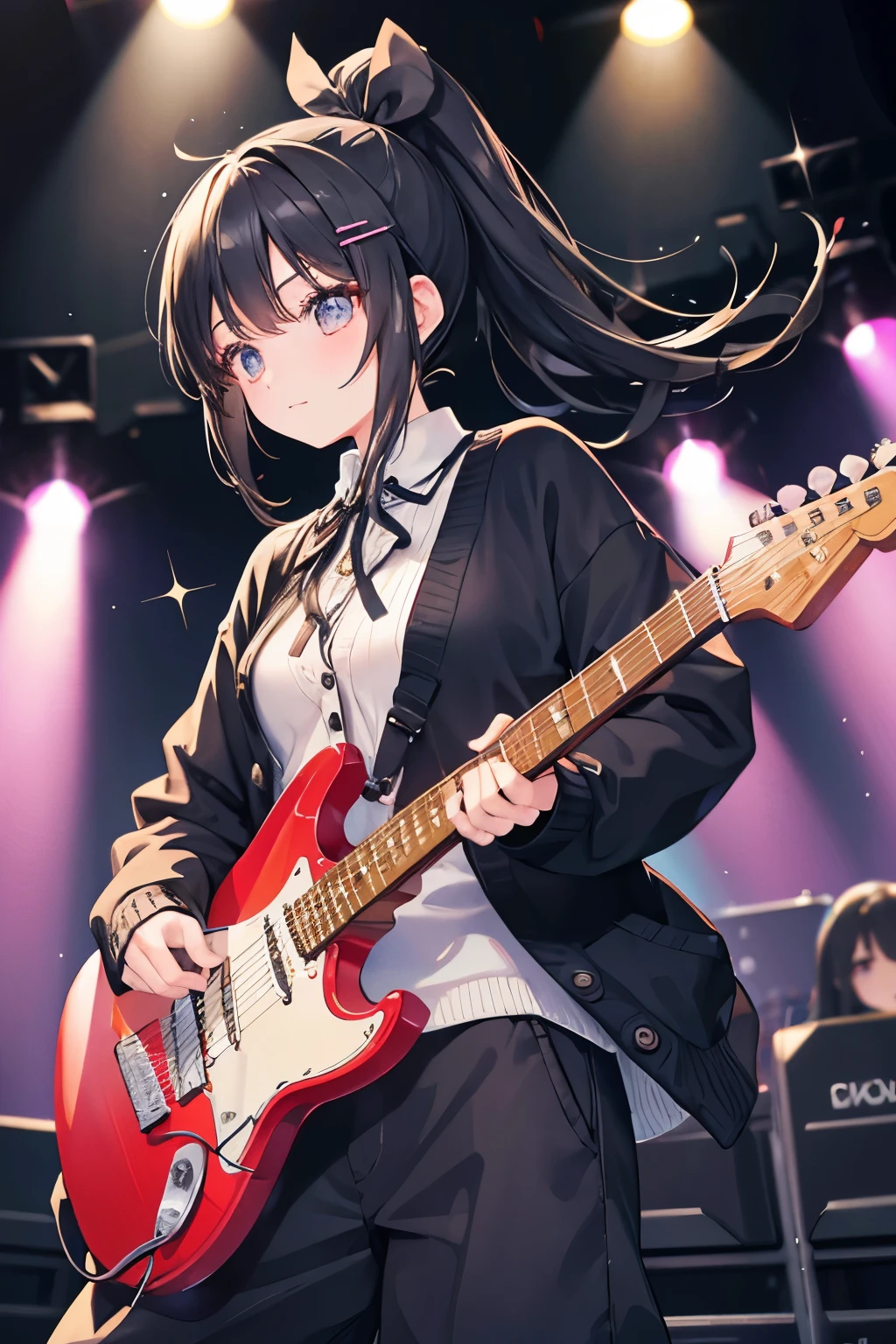 1 girl, ponytail,  baggy pants, whole body, wearing a cardigan over, Moe sleeves, ribbon hair ornament, black hair, stage, sparkling lighting, Playing electric guitar, long hair