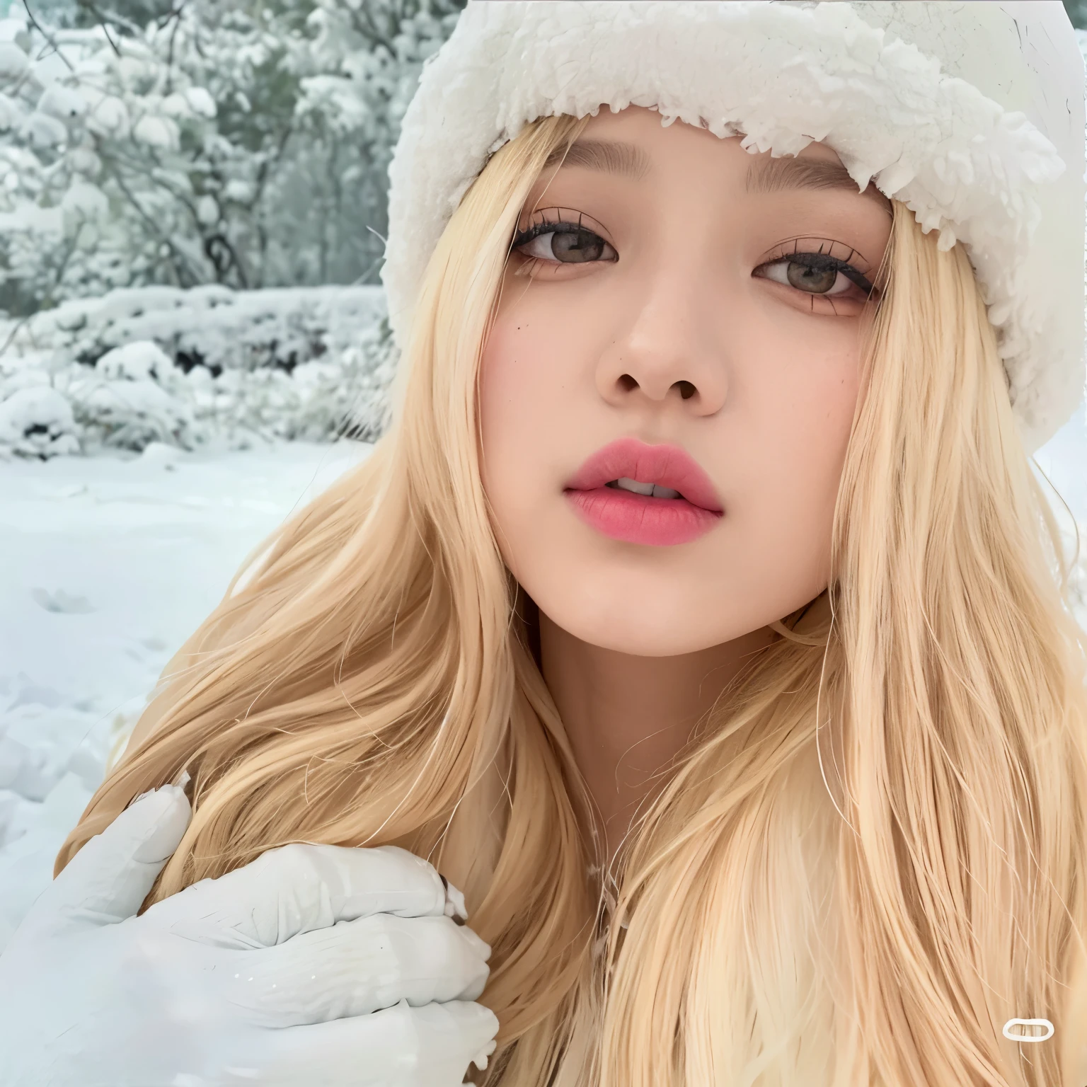 Foto arafed de una chica con cabello largo y rubio y un sombrero blanco., parque roseanne de blackpink, Lalisa Manobal, Lalisa Manoban de Blackpink, pale korean adorable face, ulzzang, jinyoung shin, portrait of jossi de blackpink, in nieve, jossi de blackpink, Jennie rosa negra, (nieve), in the nieve, helado