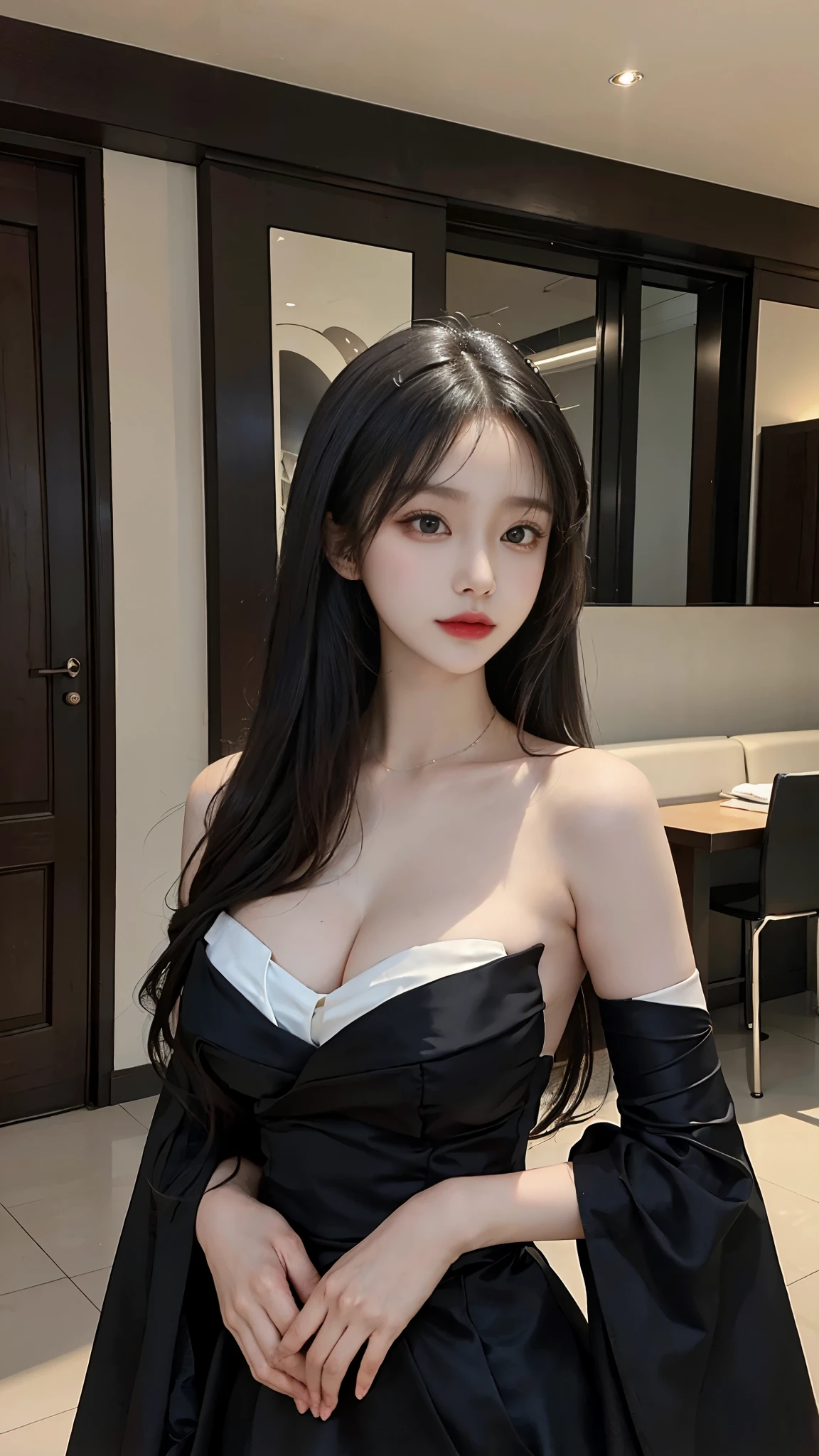 Masterpiece, 8k, a 25 year old woman, Big breasts, Thin waist,fair skin, strapless dress, detached sleeves, beautiful face, long black hair
