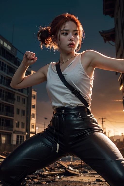 A young woman in her 20s, smooth and clear, with long, messy red-orange hair. Kung Fu fighting poses, beautiful, strong, firm, abandoned city background, decaying, ferocious beasts, movie lighting, other elements, clear picture, 80k