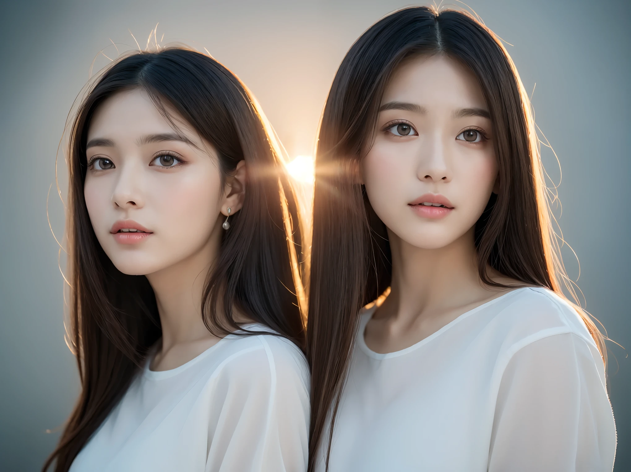 waist shot very beautiful high resolution very beautiful and high quality eyes Very beautiful and realistic eyelids Very detailed and realistic eyes ((realistic lighting、highest quality、8k、masterpiece:1.3))、clear focus:1.5、1 girl、so perfect beauty:1.4、、neat and clean clothes、school shirt high school student 、beautiful breasts super detailed face、narrow eyes、double eyelid、cinematic lighting、realistic pictures、28 years old、Face like a Japanese idol、white background、gray background、mature woman、elegant makeup、angle of pull、hair length、long hair、long hair、straight hair、see through bang Japanese Very beautiful high quality gradation
