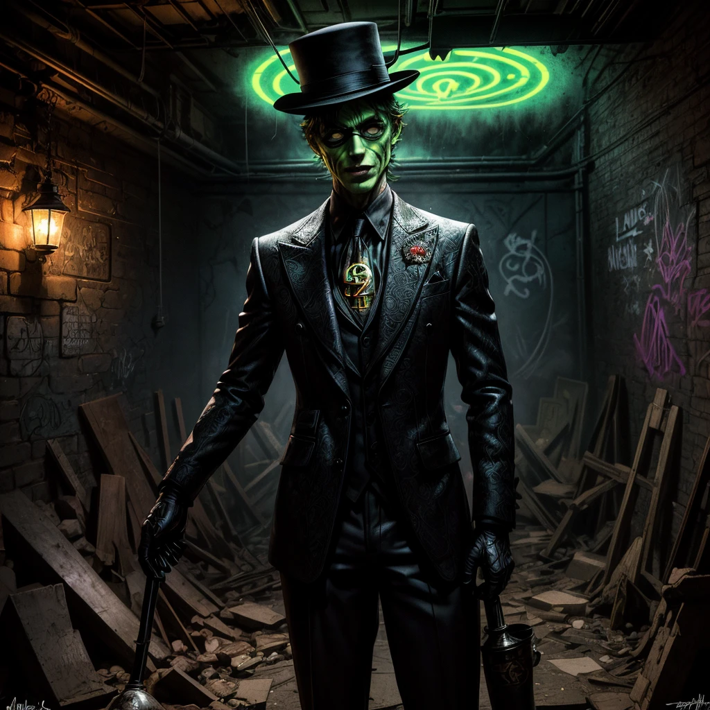 The Riddler, one of Batman's iconic villains, is standing in a dimly lit chamber. He is enthusiastically explaining the intricate details of his elaborate riddle. Graffiti splatters cover the walls, creating a chaotic and mysterious atmosphere.

The chamber is filled with an eerie vibe, with dim lights casting long shadows across the room. In the center, The Riddler stands, wearing his signature green suit and bowler hat. His mischievous eyes gleam with excitement as he gestures dramatically while delivering his riddle.

The graffiti on the chamber walls adds to the enigmatic setting. It features neon-colored symbols, mathematical equations, and cryptic phrases, all intertwined to create a visually captivating display. The vibrant colors and abstract patterns heighten the sense of anticipation and challenge.

As The Riddler speaks, his voice echoes throughout the chamber, bouncing off the graffiti-covered walls. His words are filled with a mixture of arrogance and exhilaration, leaving an air of mystery to those who listen.

The chamber itself has an old, worn-out appearance. The walls are made of rough, exposed brick, creating a gritty backdrop. Dimly lit, flickering bulbs hang from the ceiling, providing minimal illumination. The floor is covered in a layer of dust, giving the room a neglected feel.

There is a sense of anticipation in the air, as if the chamber is holding a hidden secret waiting to be revealed. The combination of The Riddler's extravagant performance, the vibrant graffiti, and the atmospheric setting creates a visually stunning and intellectually stimulating scene.

Keywords: The Riddler, elaborate riddle, graffiti-covered walls, dimly lit chamber, mysterious atmosphere, eerie vibe, neon-colored symbols, mathematical equations, cryptic phrases, enigmatic setting, vibrant colors, abstract patterns, worn-out appearance, exposed brick walls, dim lights, neglected feel, sense of anticipation.