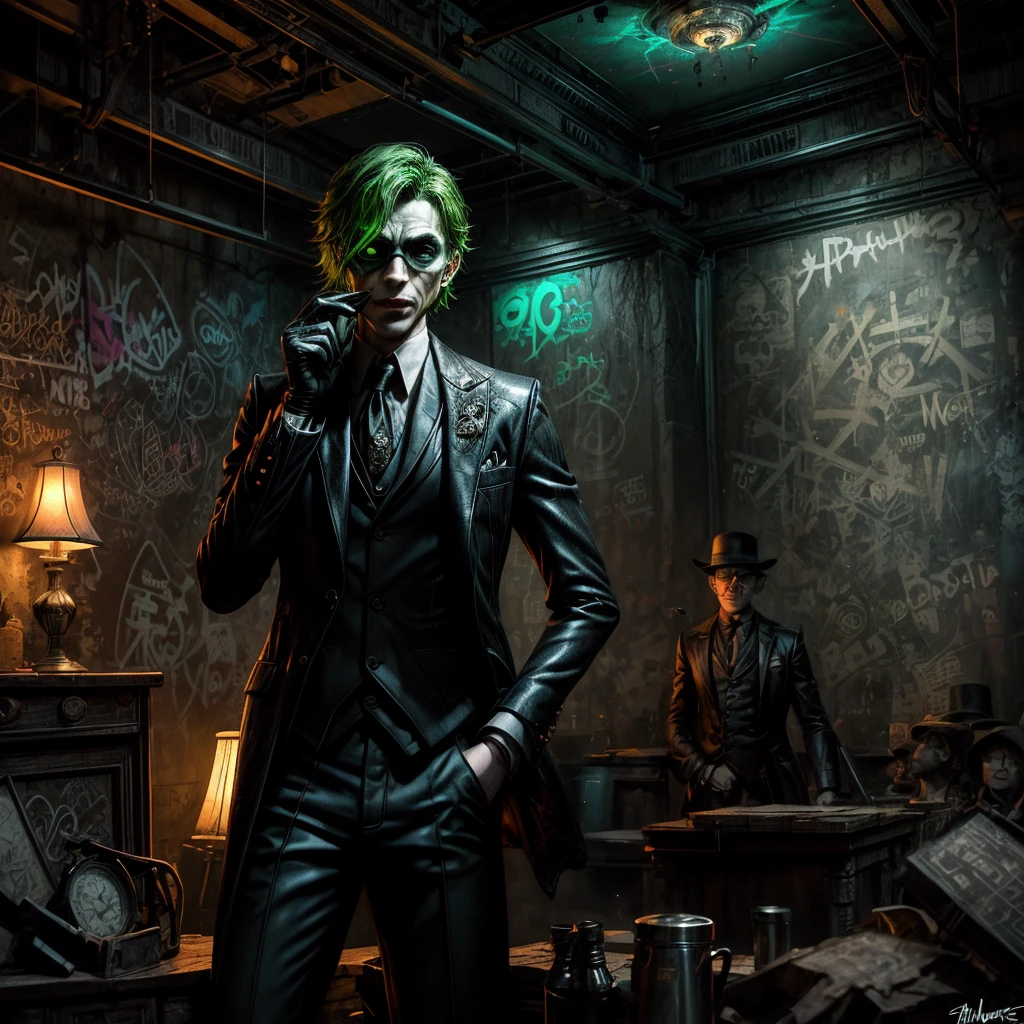 The Riddler, one of Batman's iconic villains, is standing in a dimly lit chamber. He is enthusiastically explaining the intricate details of his elaborate riddle. Graffiti splatters cover the walls, creating a chaotic and mysterious atmosphere.
The chamber is filled with an eerie vibe, with dim lights casting long shadows across the room. In the center, The Riddler stands, wearing his signature green suit and bowler hat. His mischievous eyes gleam with excitement as he gestures dramatically while delivering his riddle.
The graffiti on the chamber walls adds to the enigmatic setting. It features neon-colored symbols, mathematical equations, and cryptic phrases, all intertwined to create a visually captivating display. The vibrant colors and abstract patterns heighten the sense of anticipation and challenge.
As The Riddler speaks, his voice echoes throughout the chamber, bouncing off the graffiti-covered walls. His words are filled with a mixture of arrogance and exhilaration, leaving an air of mystery to those who listen.
The chamber itself has an old, worn-out appearance. The walls are made of rough, exposed brick, creating a gritty backdrop. Dimly lit, flickering bulbs hang from the ceiling, providing minimal illumination. The floor is covered in a layer of dust, giving the room a neglected feel.
There is a sense of anticipation in the air, as if the chamber is holding a hidden secret waiting to be revealed. The combination of The Riddler's extravagant performance, the vibrant graffiti, and the atmospheric setting creates a visually stunning and intellectually stimulating scene.
Keywords: The Riddler, elaborate riddle, graffiti-covered walls, dimly lit chamber, mysterious atmosphere, eerie vibe, neon-colored symbols, mathematical equations, cryptic phrases, enigmatic setting, vibrant colors, abstract patterns, worn-out appearance, exposed brick walls, dim lights, neglected feel, sense of anticipation.