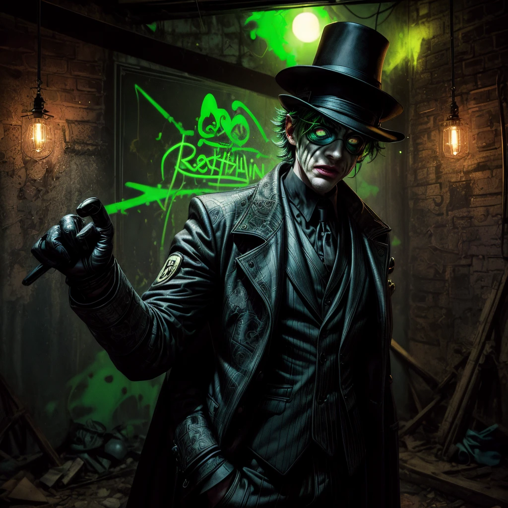 The Riddler, one of Batman's iconic villains, is standing in a dimly lit chamber. He is enthusiastically explaining the intricate details of his elaborate riddle. Graffiti splatters cover the walls, creating a chaotic and mysterious atmosphere.
The chamber is filled with an eerie vibe, with dim lights casting long shadows across the room. In the center, The Riddler stands, wearing his signature green suit and bowler hat. His mischievous eyes gleam with excitement as he gestures dramatically while delivering his riddle.
The graffiti on the chamber walls adds to the enigmatic setting. It features neon-colored symbols, mathematical equations, and cryptic phrases, all intertwined to create a visually captivating display. The vibrant colors and abstract patterns heighten the sense of anticipation and challenge.
As The Riddler speaks, his voice echoes throughout the chamber, bouncing off the graffiti-covered walls. His words are filled with a mixture of arrogance and exhilaration, leaving an air of mystery to those who listen.
The chamber itself has an old, worn-out appearance. The walls are made of rough, exposed brick, creating a gritty backdrop. Dimly lit, flickering bulbs hang from the ceiling, providing minimal illumination. The floor is covered in a layer of dust, giving the room a neglected feel.
There is a sense of anticipation in the air, as if the chamber is holding a hidden secret waiting to be revealed. The combination of The Riddler's extravagant performance, the vibrant graffiti, and the atmospheric setting creates a visually stunning and intellectually stimulating scene.
Keywords: The Riddler, elaborate riddle, graffiti-covered walls, dimly lit chamber, mysterious atmosphere, eerie vibe, neon-colored symbols, mathematical equations, cryptic phrases, enigmatic setting, vibrant colors, abstract patterns, worn-out appearance, exposed brick walls, dim lights, neglected feel, sense of anticipation.