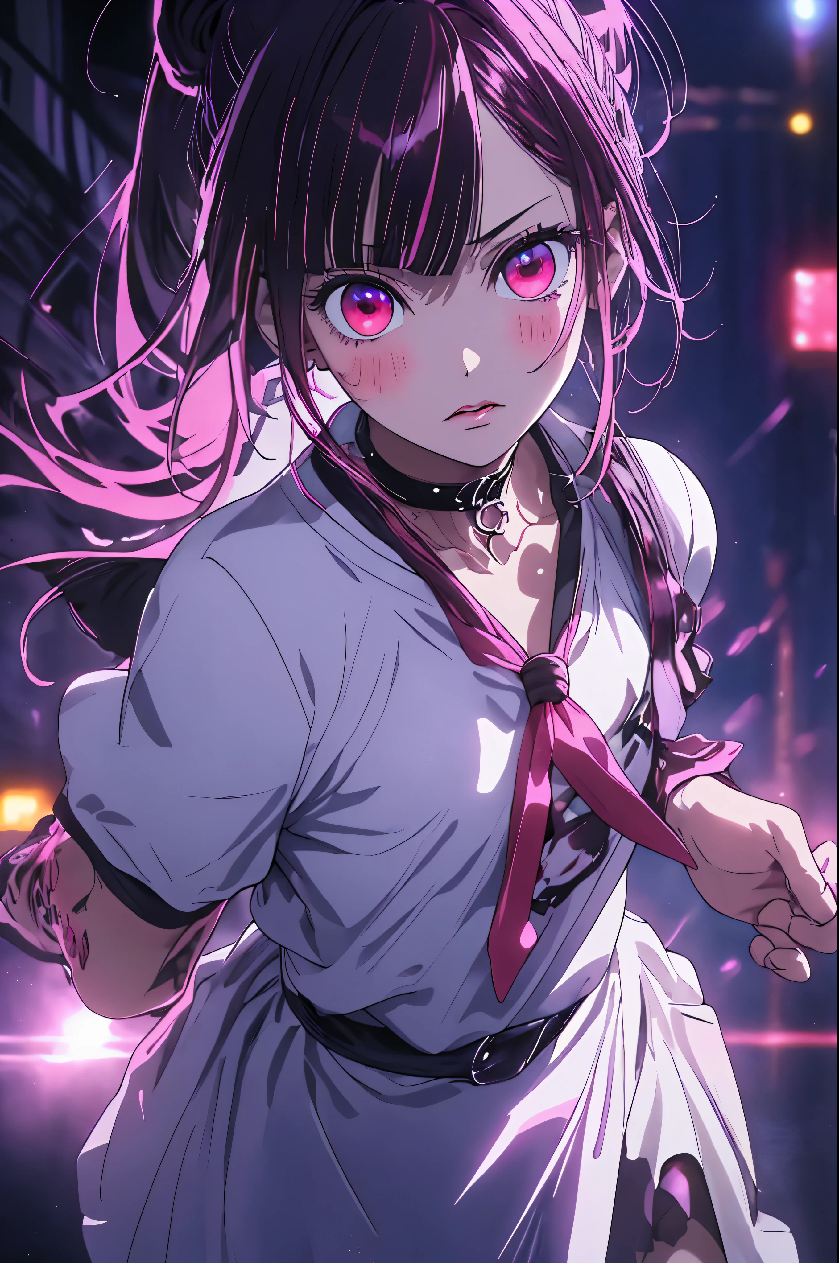 hair above one eye, red eyes, clear eyes, choker, neon shirt, shineing grafiti, shineing tattoos, shine, neon light, Black light,anime style, movieポートレート写真, 1 female, Full body Esbian,blue eye background, big and full breasts, anger, (scarlet hair), long hair, purple eyes, Wearing a short white dress, (natural skin texture vivid details, surreal, (realistic detailed eyes, natural skin texture, realistic facial details), soft and dramatic lighting, Depth of written boundary, Bokeh, vivid details, surreal, 35mm movie, hazy blur, movie,lipstick, eye shadow, red pink lips, 多色のred eyes, purple theme,Wear an iridescent aura,beautiful eyes,bold pose、decide on a pose,upper ponytail,hanging bangs,battle knife