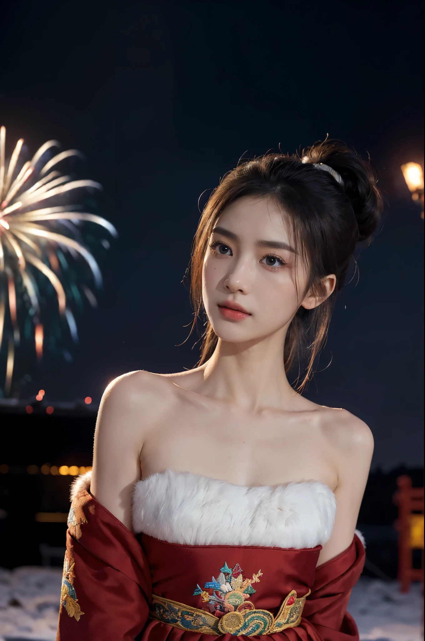 ((((8k))),((Extremely meticulous CG)) ,(wallpaper),16k,((Extremely refined and beautiful)),(((Masterpiece))),(((best qualtiy))),(((Ultra High Resolution))),beautiful light up,Perfect lightning,realistic shaded,[A high resolution],(Smooth and flawless fair skin:1.5),(pale skin:1.3),Extremely exquisite facial details,(perfect body:1.1),ultra-detailed,A beautiful girl,solo,(small head:1.2),(short ponytail:1.1),(small face:1.2),Exquisite makeup,(flat chests:1.2),((slim,thin)),happy,(laughing:1.2),(fur collar:1.2),(Gorgeous Exquisitely embroidered fur edged red hanfu:1.5),(red hakama:1.2),(night scene:1.3),(a bright full moon in the sky:1.5),(outdoor:1.2),(On the street:1.3),(In ancient Chinese town:1.3),(ablaze with lights:1.3),(buildings:1.3),(lanterns:1.2),(detailed background:1.5),(standing:1.3),(upper body:1.3),(from front:1.3),(surrounded by crowded crowds:1.5),(winter:1.3),(fireworks in the sky:1.3),BREAK,(arms behind back:1.3)