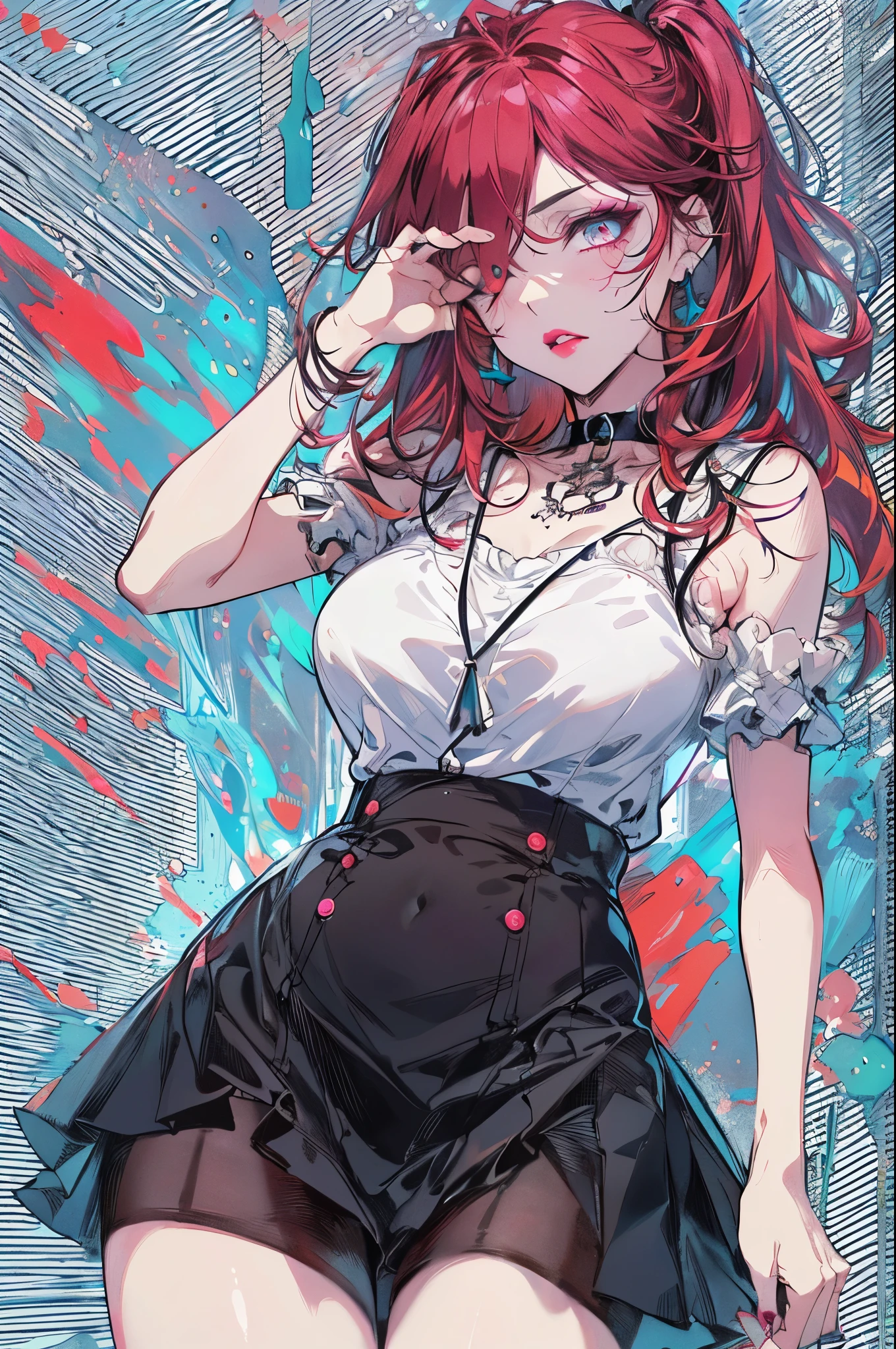 hair above one eye, red eyes, clear eyes, choker, neon shirt, shineing grafiti, shineing tattoos, shine, neon light, Black light,anime style, movieポートレート写真, 1 female, Full body Esbian,blue eye background, big and full breasts, anger, (scarlet hair), long hair, purple eyes, wearing a short white dress, (natural skin texture vivid details, surreal, (realistic detailed eyes, natural skin texture, realistic facial details), soft and dramatic lighting, Depth of written boundary, Bokeh, vivid details, surreal, 35mm movie, hazy blur, movie,lipstick, eye shadow, red pink lips, 多色のred eyes, purple theme,Wear an iridescent aura,beautiful eyes,bold pose、decide on a pose,upper ponytail,hanging bangs,arm lock