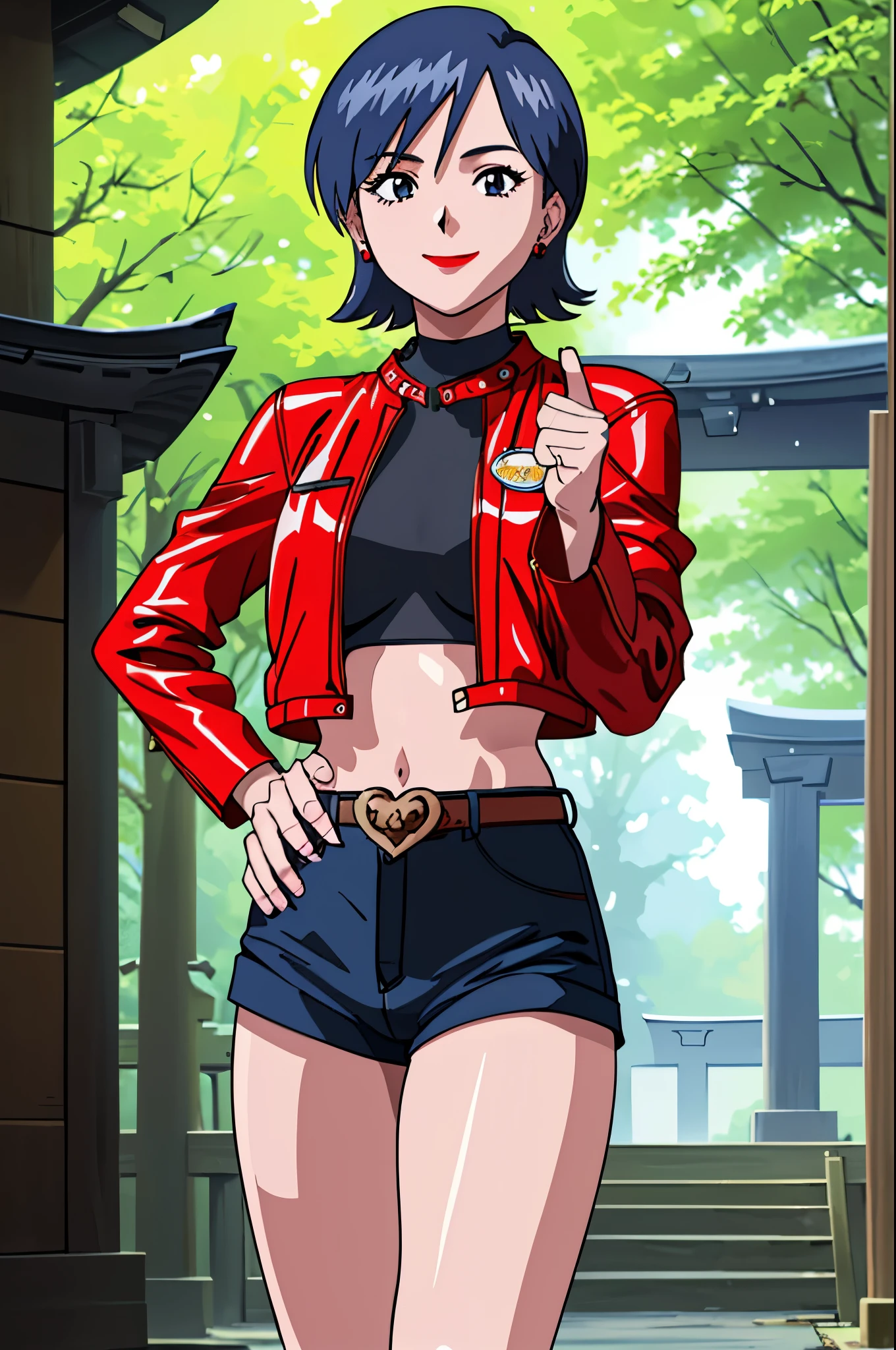 mikictr, 1 girl, alone, stud earrings, lipstick, red jacket, cropped jacket, crop top, belt, shorts, put your hand on your waist, abdomen, lipstick, belly button, blue shorts, black eye, cowboy shot, short shorts, long sleeve, 1990s (style), retro artstyle, open jacket, smile, closed mouth, wood, forest, shinto temple  