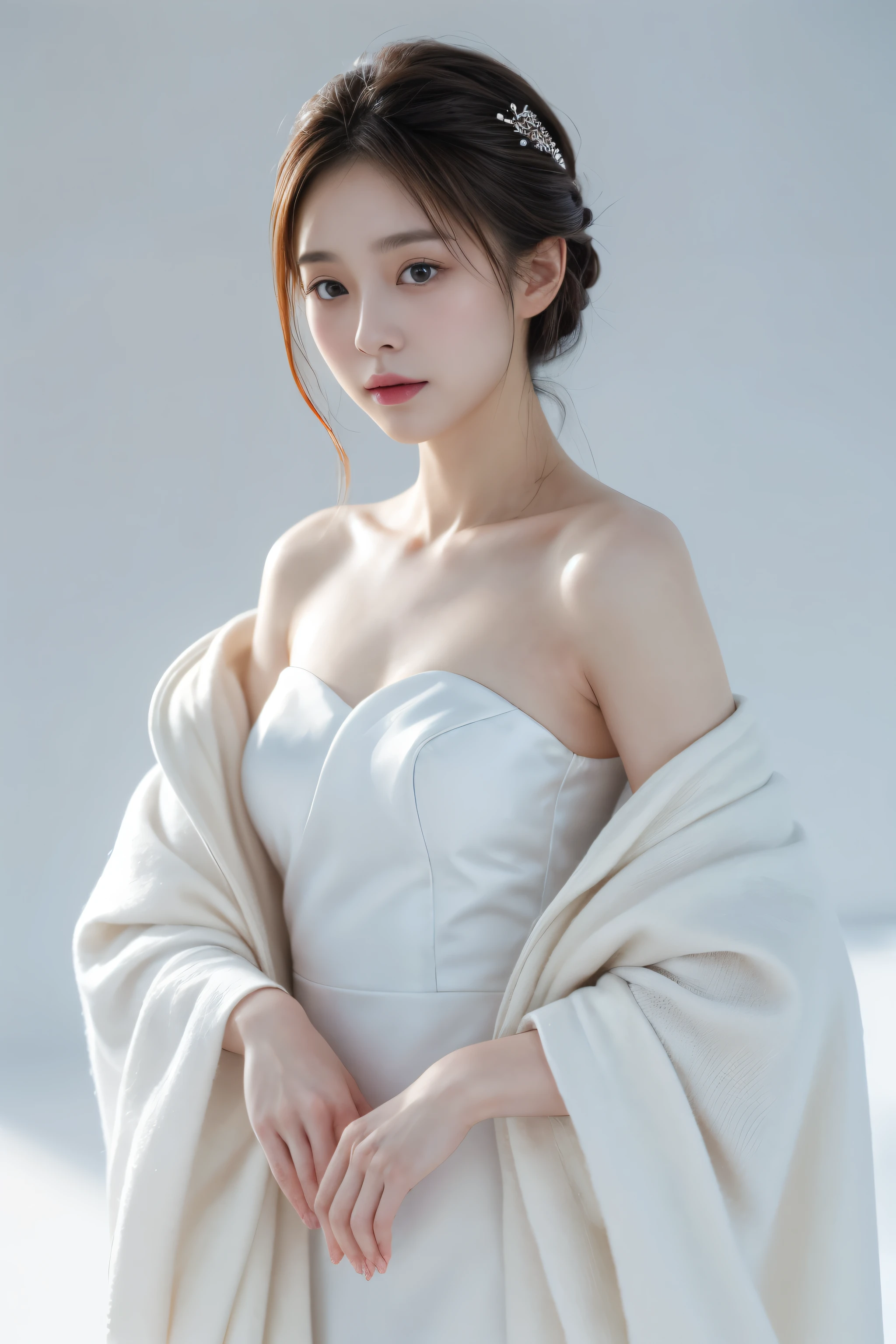 Masterpiece、8k、32k、top quality、(an elegant japanese woman:1.1)、A detailed description、1 girl in、elegant、(dress dress 1.3)、(Winters:1.1)、White background
