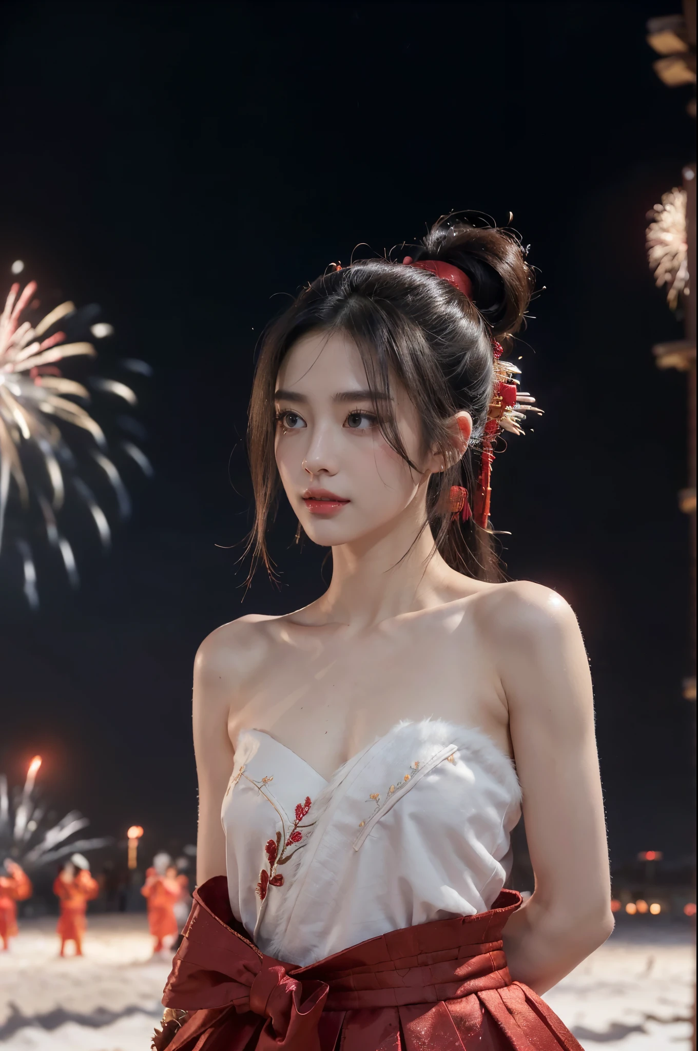 ((((8k))),((Extremely meticulous CG)) ,(wallpaper),16k,((Extremely refined and beautiful)),(((Masterpiece))),(((best qualtiy))),(((Ultra High Resolution))),beautiful light up,Perfect lightning,realistic shaded,[A high resolution],(Smooth and flawless fair skin:1.5),(pale skin:1.3),Extremely exquisite facial details,(perfect body:1.1),ultra-detailed,A beautiful girl,solo,(small head:1.2),(short ponytail:1.1),(small face:1.2),Exquisite makeup,(flat chests:1.2),((slim,thin)),happy,(laughing:1.2),(fur collar:1.2),(Gorgeous Exquisitely embroidered fur edged red hanfu:1.5),(red hakama:1.2),(night scene:1.3),(a bright full moon in the sky:1.5),(outdoor:1.2),(On the street:1.3),(In ancient Chinese town:1.3),(ablaze with lights:1.3),(buildings:1.3),(lanterns:1.2),(detailed background:1.5),(standing:1.3),(upper body:1.3),(from front:1.3),(surrounded by crowded crowds:1.5),(winter:1.3),(fireworks in the sky:1.3),BREAK,(arms behind back:1.3)