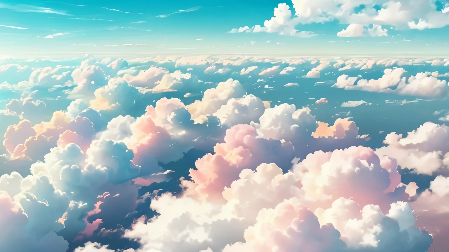 clouds in the sky, top view, main colors are pink and white, sun on the right top