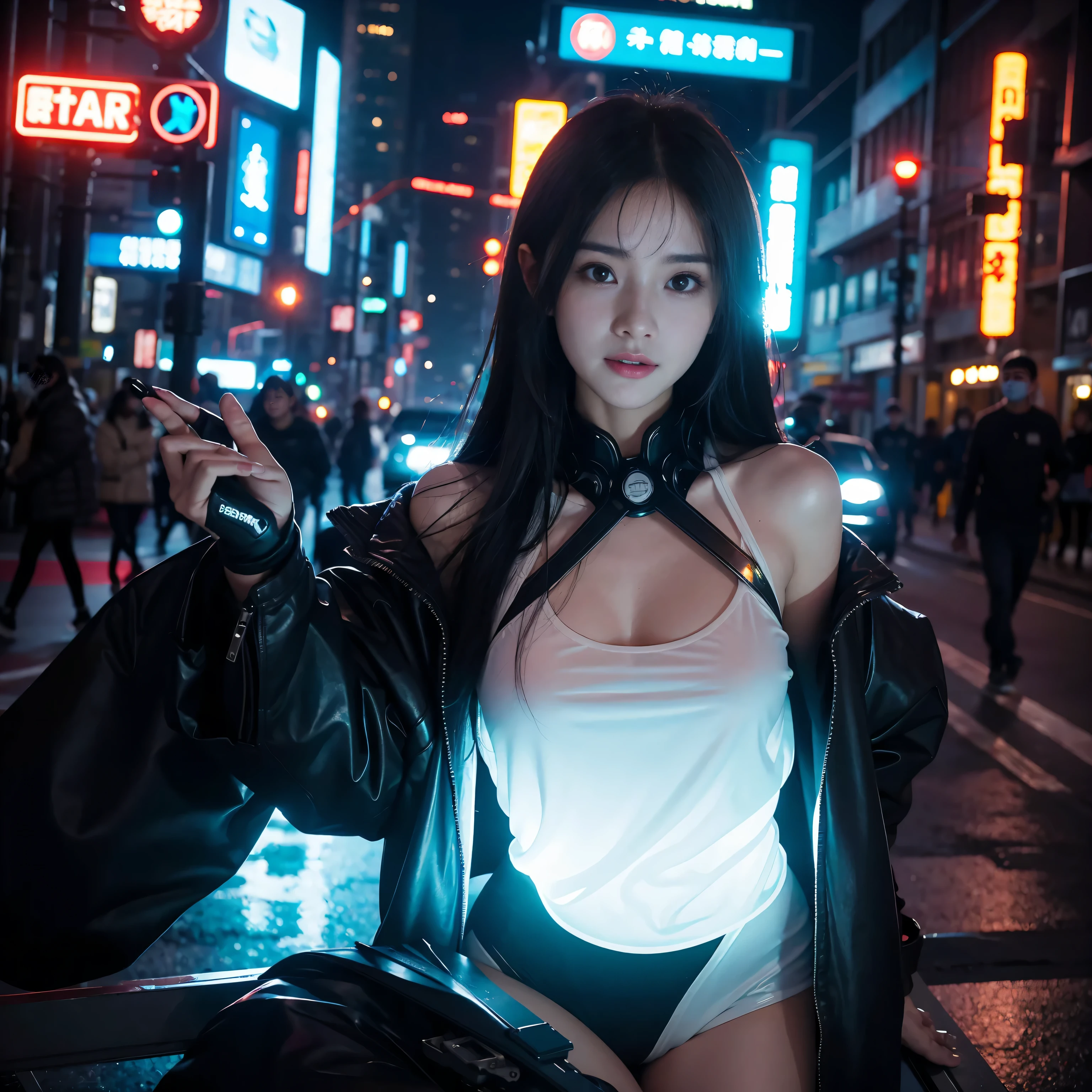 In this cyberpunk streetscape of futuristic technology and neon lights,The one in black,Beautiful woman with perfect body,Her face shape is more perfect,Like a messenger from another pure world。Her skin is fair and translucent,eyes big and bright,Sparkling with curiosity and intelligence,The bridge of her nose is very delicate,Lips soft and gently parted,every smile,They all seem to be spreading the light of life in this steel forest.。
Her face contrasts sharply with her surroundings,She is like a light,Across the barriers of time and space,With some mysterious and pure mission,appear in this complex world。Even in this cyberpunk city full of future technology,Her beauty and perfection are still not obscured by prosperity,on the contrary, it's more conspicuous,Attracting everyone who passes by her。
She is part of the cyberpunk world,Seems to be at a certain distance from this world,Her presence fills this futuristic city with metal and electronics,More humane and innocent beauty。Her every move,Every expression,They are all silently telling stories about the future、A story about hopes and dreams。