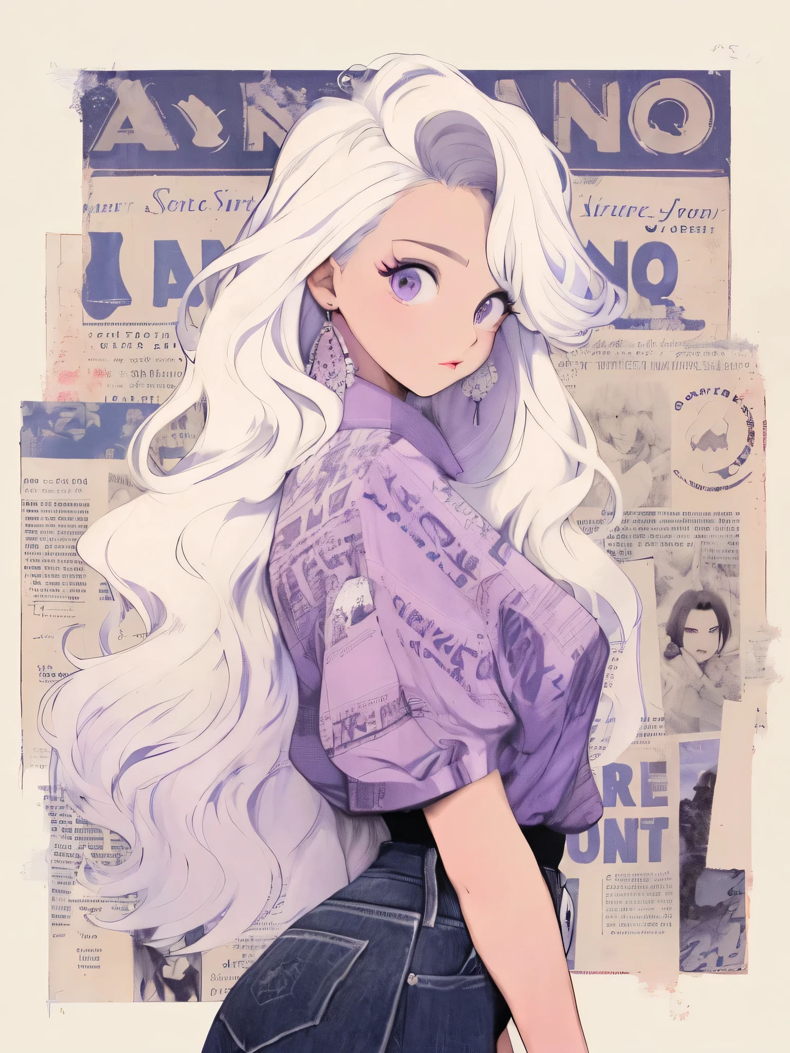 Anime girl with long white hair and purple shirt standing in front of the newspaper, retro anime girl, perfect white haired girl, white hair, white hair girl, Ross Tran风格, Ilya Kuvshinov long hair, white haired lady, 動漫style插畫, Rostland'style, art trends, animated illustration, Ross Tran!!!