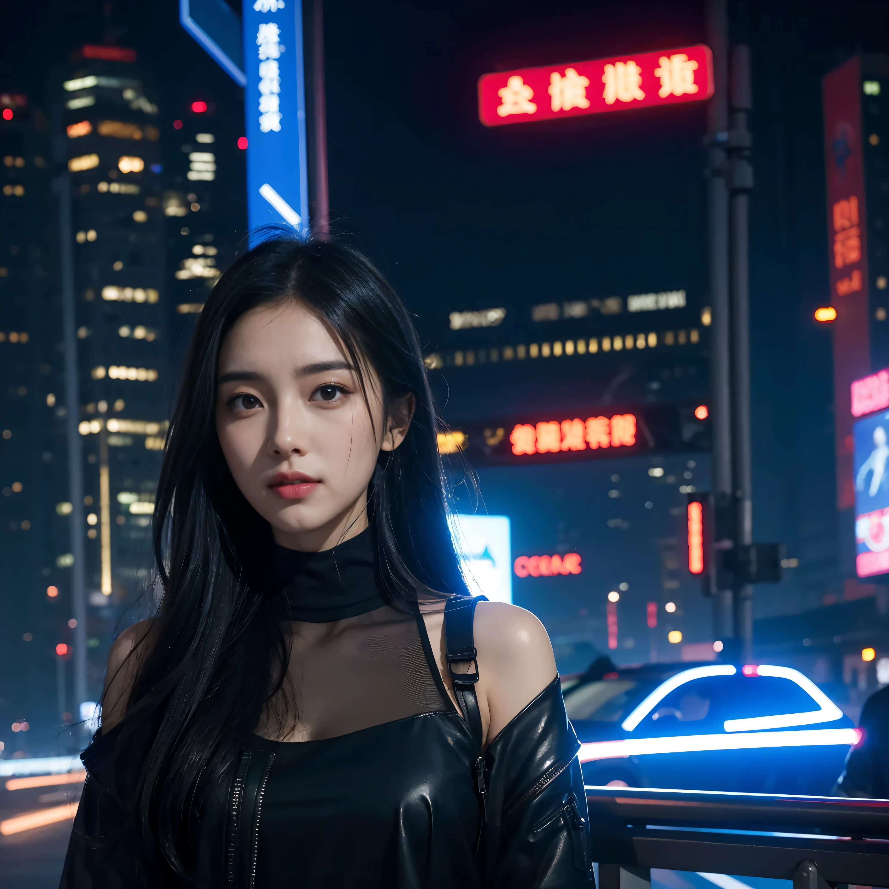 In this cyberpunk streetscape of futuristic technology and neon lights，The one in black，Beautiful woman with perfect body，Her face shape is more perfect，Like a messenger from another pure world。Her skin is fair and translucent，eyes big and bright，Sparkling with curiosity and intelligence，The bridge of her nose is very delicate，Lips soft and gently parted，every smile，They all seem to be spreading the light of life in this steel forest.。

Her face contrasts sharply with her surroundings，She is like a light，Across the barriers of time and space，With some mysterious and pure mission，appear in this complex world。Even in this cyberpunk city full of future technology，Her beauty and perfection are still not obscured by prosperity，on the contrary, it&#39;s more conspicuous，Attracting everyone who passes by her。

She is part of the cyberpunk world，Seems to be at a certain distance from this world，Her presence fills this futuristic city with metal and electronics，More humane and innocent beauty。Her every move，Every expression，They are all silently telling stories about the future、A story about hopes and dreams。