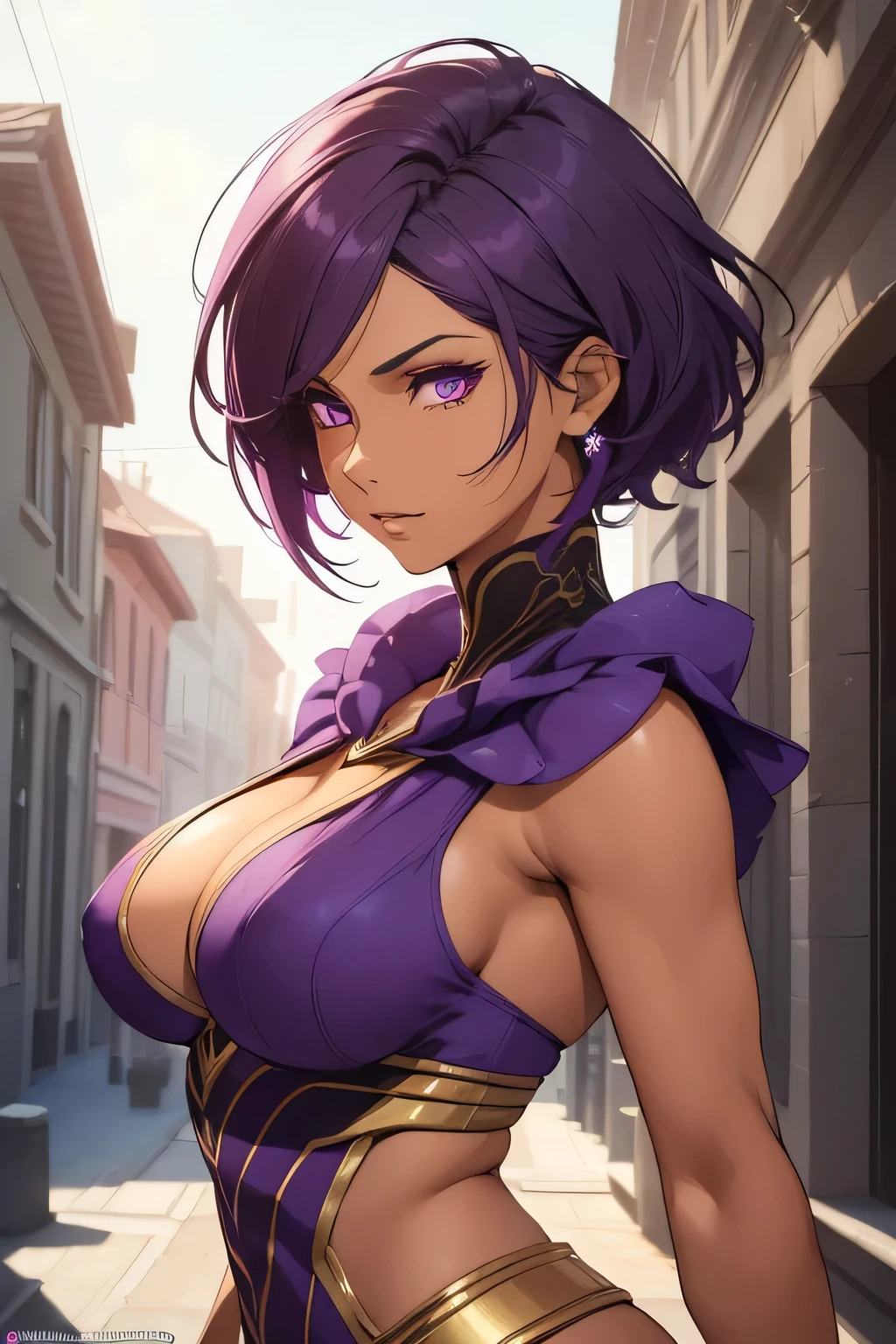 1 beautiful woman, tanned skin, short dark purple hair, golden eyes, ((detailed eyes:1.2)), medium breasts, wearing sexy superheroine costume, sleeveless, sideboob, elegant, sensual, (masterpiece, top quality, best quality, official art, beautiful and aesthetic:1.2), extreme detailed, colorful, highest detailed, unreal engine 5, 8k