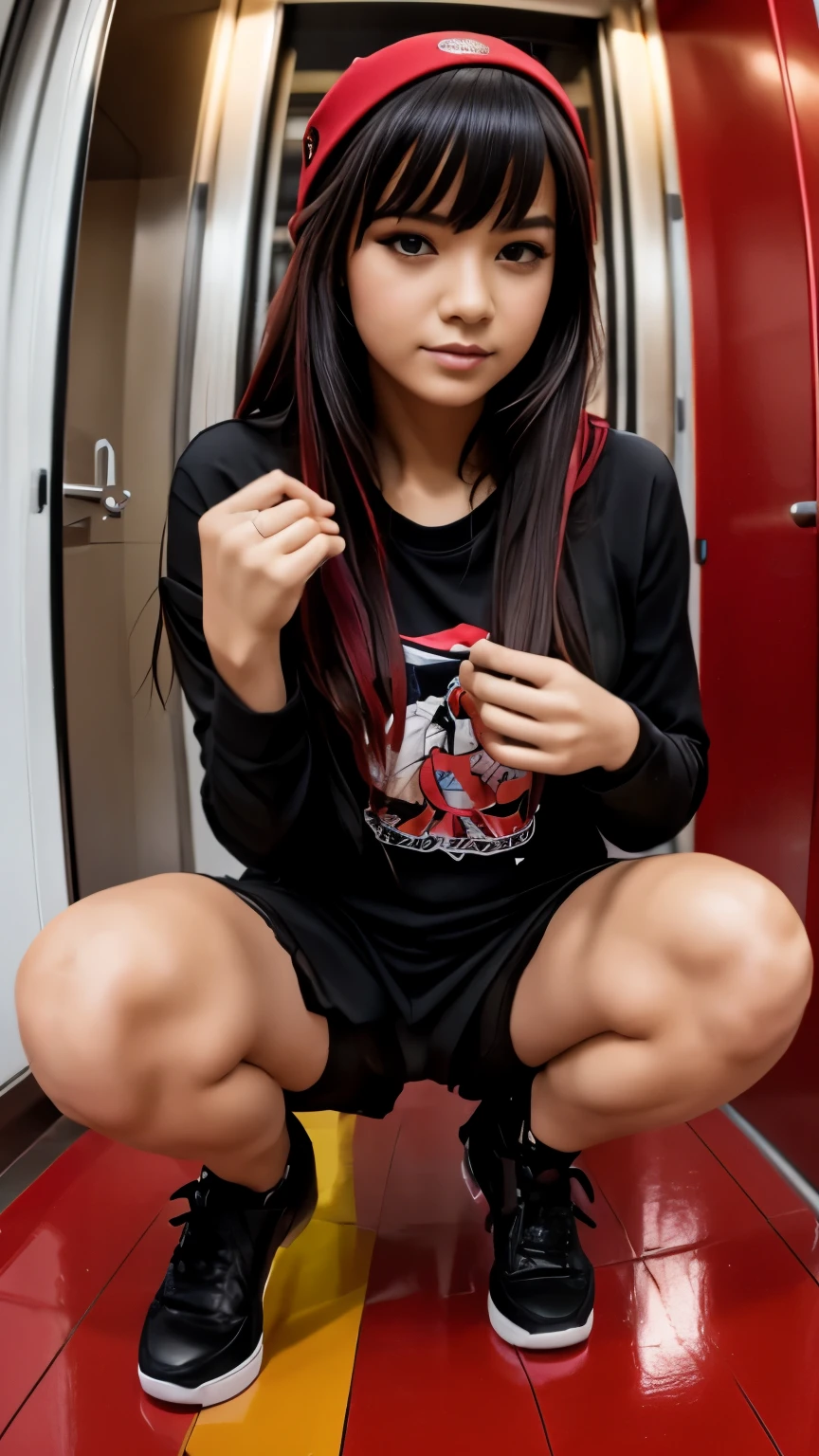 y2k, alternative fashion, 1girl, yab, illustration, poster, idol, squat, fisheye lens  