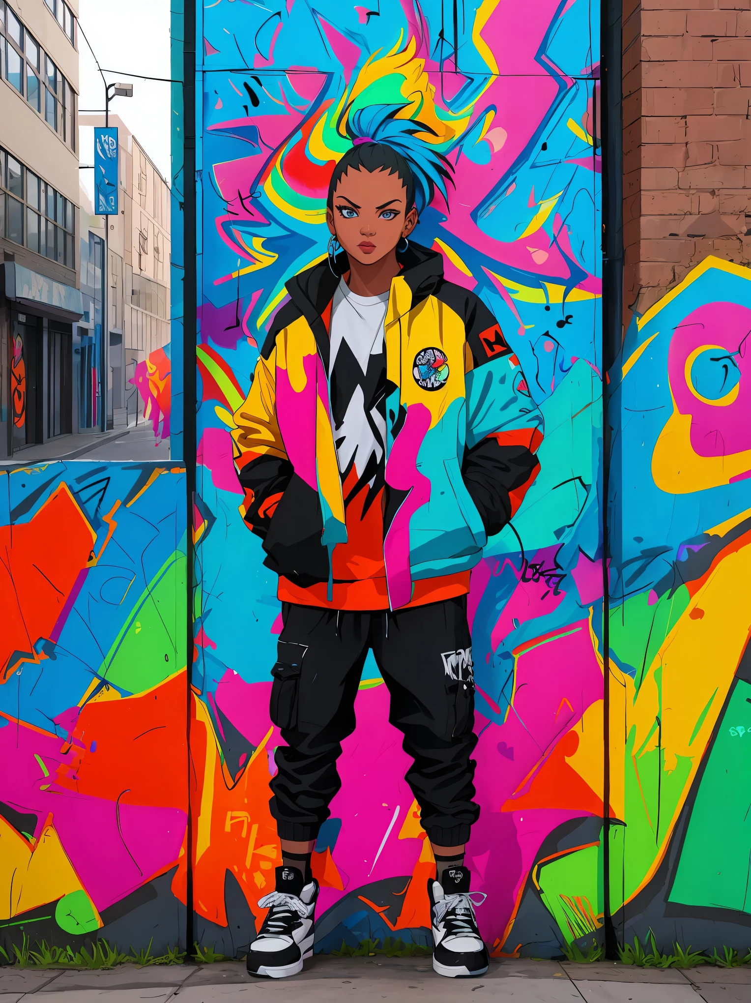 A colorful graffiti art on a weathered wall, vibrant and full of life, bringing comic characters to life. Extremely detailed, urban street scene, eye-catching characters, realistic graffiti art style, pop culture aesthetics, vivid colors, detailed artwork, murals, whimsical interactions, street art culture, artistic expression, urban environment, dynamic composition, rich textures, professional graffiti artist, energetic atmosphere, hip-hop culture, animated characters, bold lines, urban lifestyle, modern art, urban decay, creative expression, art on the streets, youth subculture.
