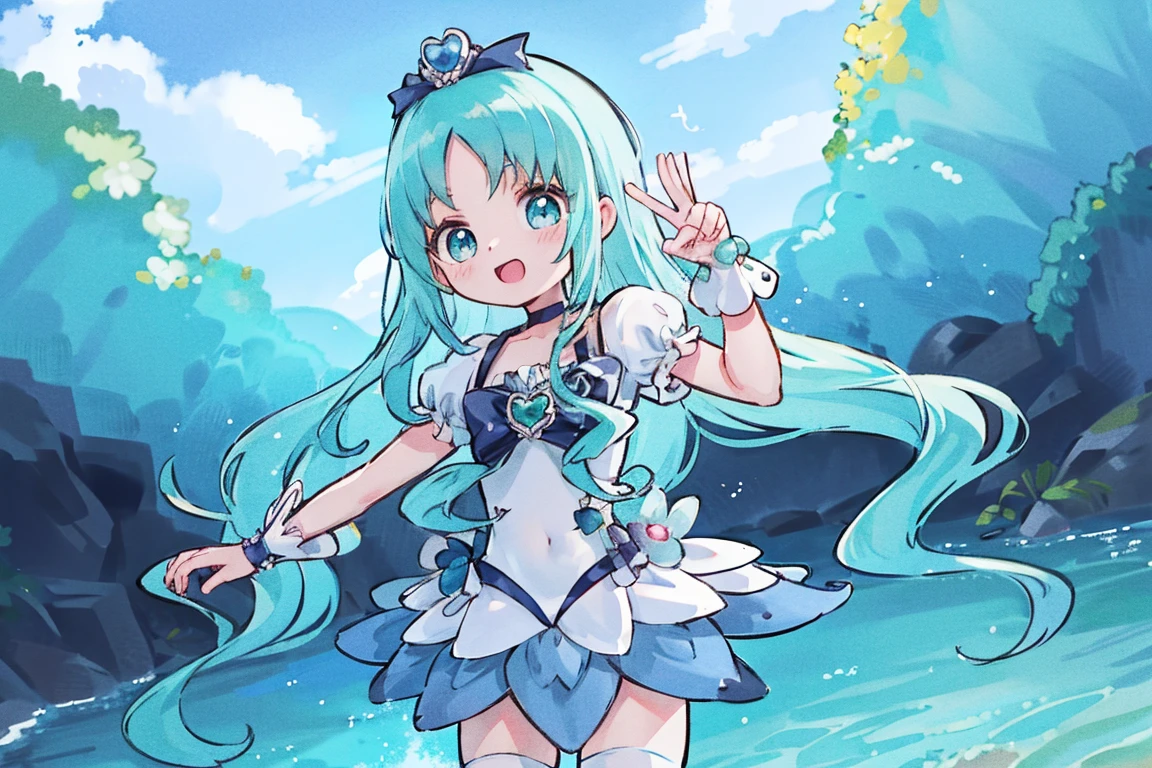 masterpiece,best quality,highres,ultra-detailed,aaerika,aqua hair,long hair,hair ornament,blue theme,magical girl,blue choker,ribbon,heart brooch,dress,white dress,short sleeves,wrist cuffs,blue skirt,thighhighs,white thighhighs,high heels,outdoors,standing,:d,peace sign