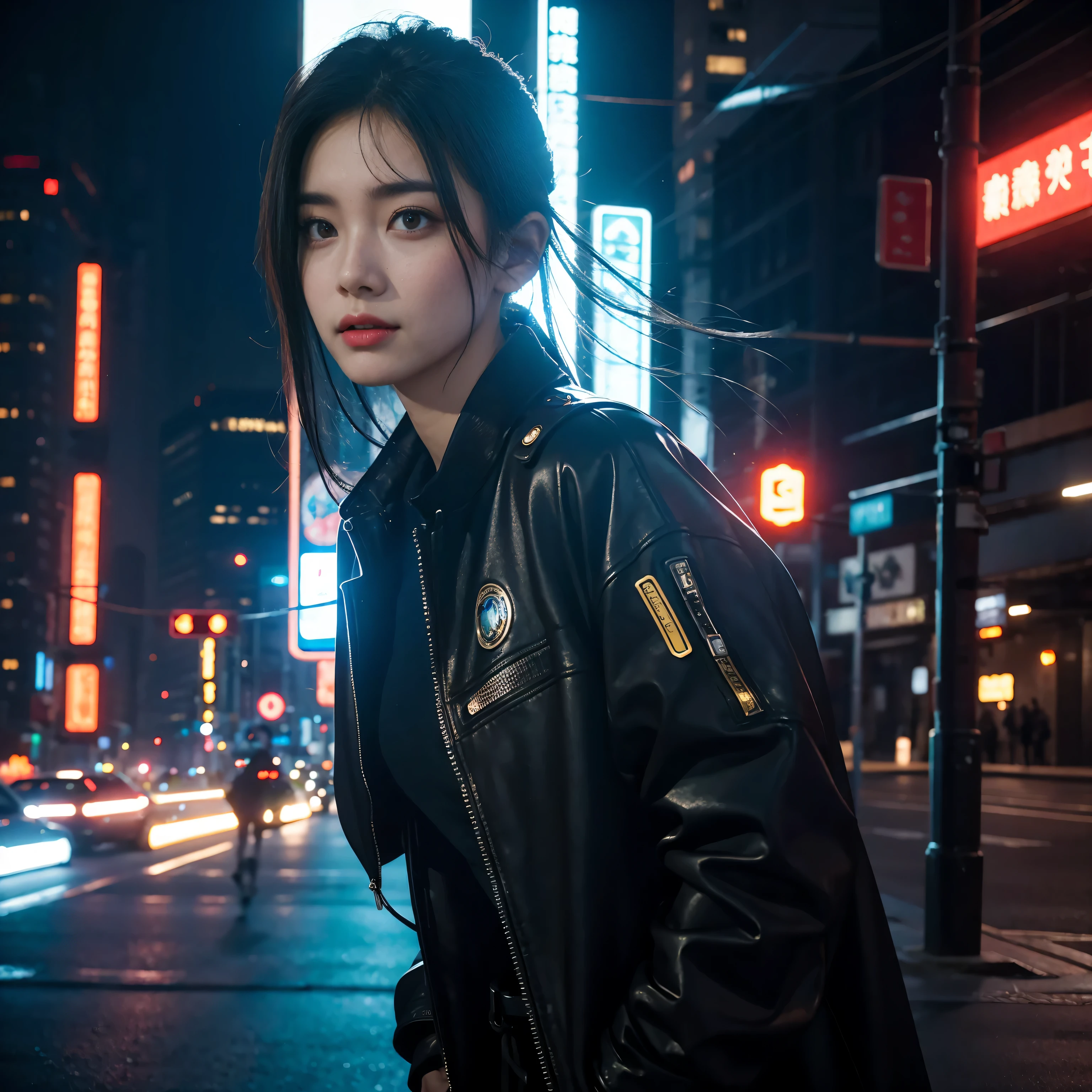 In this cyberpunk streetscape of futuristic technology and neon lights,The one in black,Beautiful woman with perfect body,Her face shape is more perfect,Like a messenger from another pure world。Her skin is fair and translucent,eyes big and bright,Sparkling with curiosity and intelligence,The bridge of her nose is very delicate,Lips soft and gently parted,every smile,They all seem to be spreading the light of life in this steel forest.。
Her face contrasts sharply with her surroundings,She is like a light,Across the barriers of time and space,With some mysterious and pure mission,appear in this complex world。Even in this cyberpunk city full of future technology,Her beauty and perfection are still not obscured by prosperity,on the contrary, it's more conspicuous,Attracting everyone who passes by her。
She is part of the cyberpunk world,Seems to be at a certain distance from this world,Her presence fills this futuristic city with metal and electronics,More humane and innocent beauty。Her every move,Every expression,They are all silently telling stories about the future、A story about hopes and dreams。