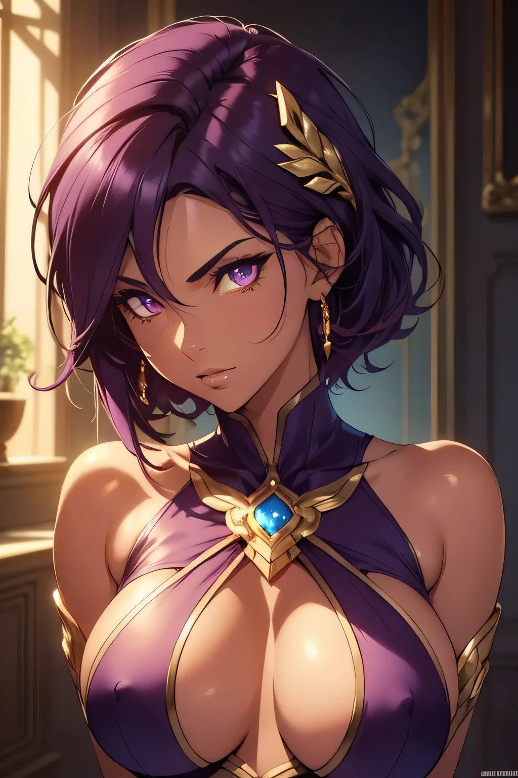 1 beautiful woman, tanned skin, short dark purple hair, ((golden eyes, detailed eyes:1.2)), medium breasts, wearing sexy superheroine costume, sleeveless, sideboob, elegant, sensual, (masterpiece, top quality, best quality, official art, beautiful and aesthetic:1.2), extreme detailed, colorful, highest detailed, unreal engine 5, 8k