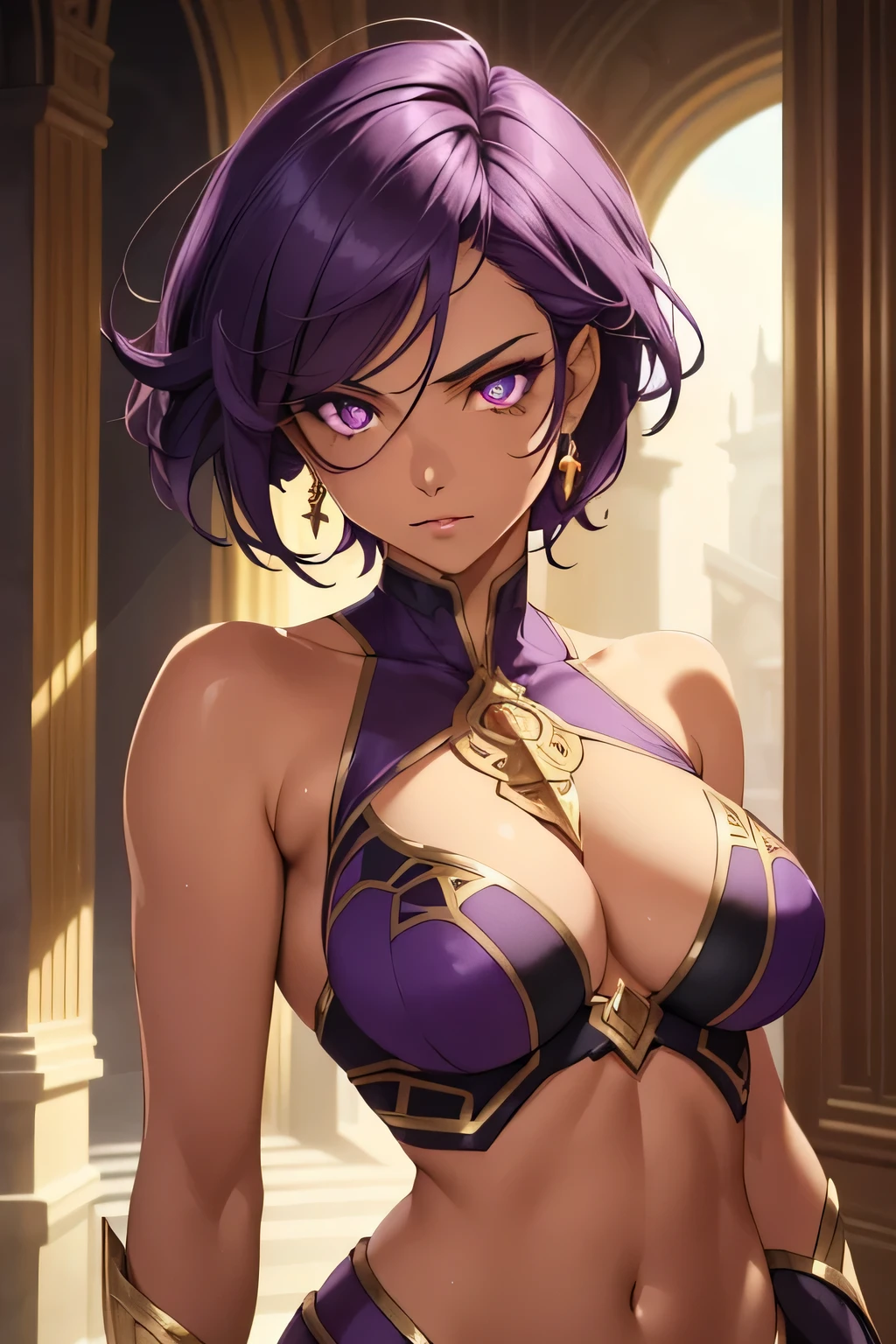 1 beautiful woman, tanned skin, short dark purple hair, ((golden eyes, detailed eyes:1.2)), medium breasts, wearing sexy superheroine costume, sleeveless, sideboob, elegant, sensual, (masterpiece, top quality, best quality, official art, beautiful and aesthetic:1.2), extreme detailed, colorful, highest detailed, unreal engine 5, 8k