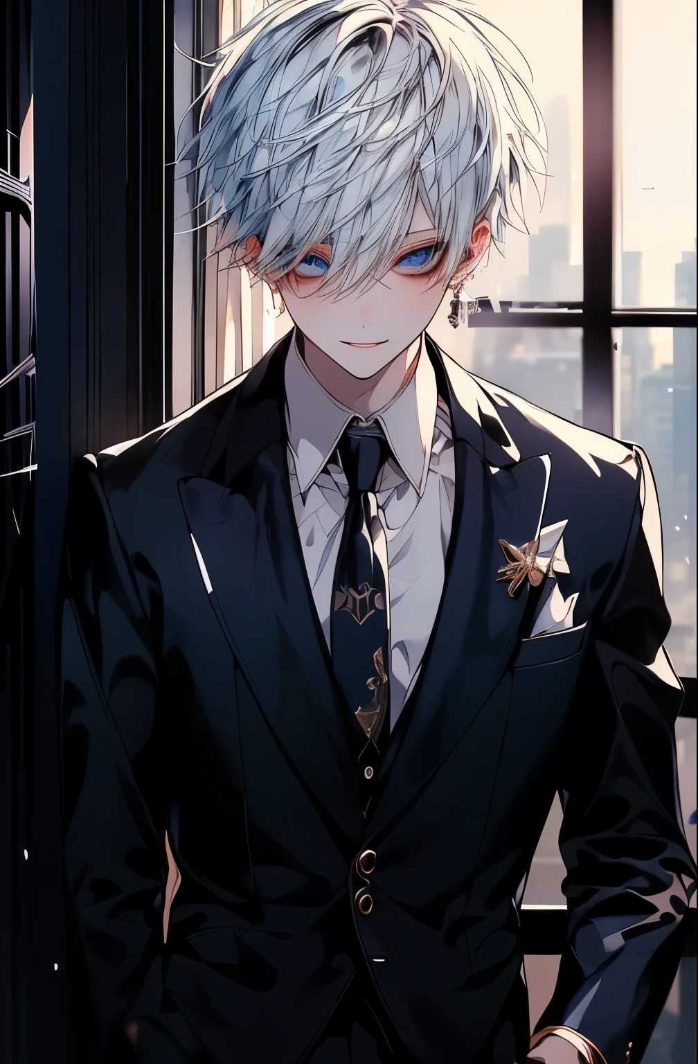 1kpop boy with tatoos, thin body, blue eyes, messy white, cute smile, white fade cut hair, black business suit, jacket, white shirt, necktie, pants, best quality, hires, detailed face, office, buildings from window, detailed background, diffused sunlight, depth of field, bokeh, golden hour photographic front shot