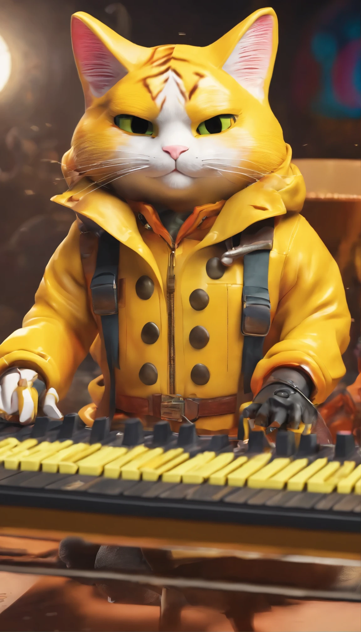 Create a yellow calico cat, The clothes are those worn by rock and rollers., Surreal style dressed in human clothes ,(The background is a rock live venue), (Pose playing the keyboard)