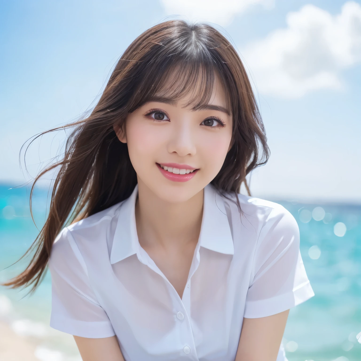 ((highest quality、table top、8k、best image quality、extremely complex and detailed depiction))、(1 person photo:1.1)、(the best smile looking at me:1.19、(beautiful beach:1.05)、(fully expose the chest:1.1)、(White polyester high school uniform short sleeve shirt worn unbuttoned:1.1)、(Huge breasts that are about to burst:1.1)、(emphasize body line:1.1)、The most natural and perfect tropical sea background、cleavage、(close up of face:1.15)、glamorous body、hair swaying in the wind、sandy beach、beautiful sea、the clearest sparkling sea、Complex sea glow、The most detailed and realistic sea、deserted island sea、beautiful seaの詳細が描かれています、Brightly lit face、Ultra high definition beauty face、ultra high definition hair、Super high-definition sparkling eyes、(Pure white skin shining in ultra-high resolution:1.1)、Super high resolution glossy lips、(The most fun pose:1.1)、(very bright and vivid:1.2)、(very bright:1.1)、(Very refreshing:1.1)、(glowing skin:1.1)、blurred background