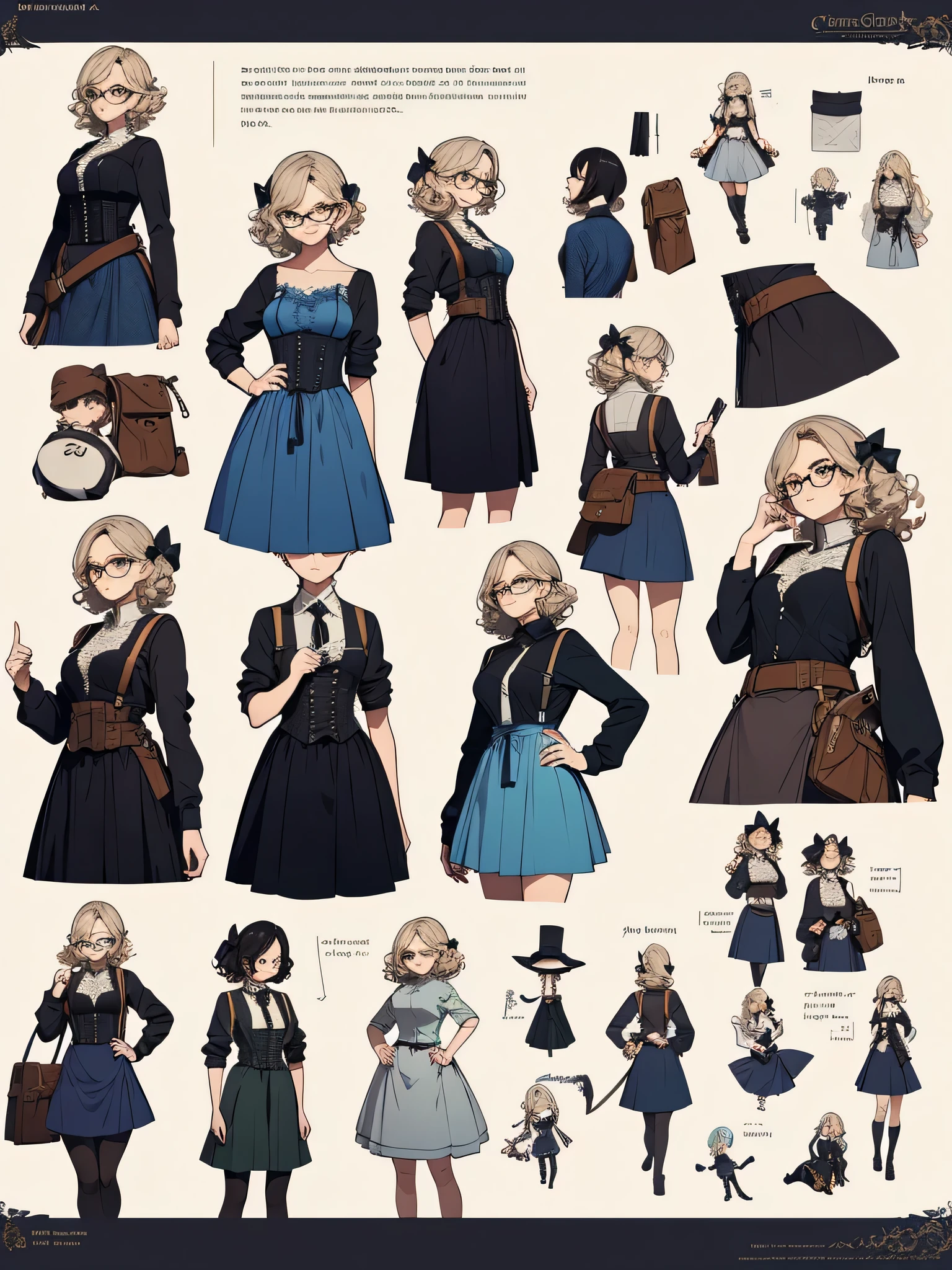 ((masterpiece)),(((best quality))),(character design sheet, same characters, front, side, Back), elf woman, Glasses, curls, bow, lace, white sweater, corset, bright blue, blue long skirt, long skirt, Bag, 腰Bag, harness, tool带, tool