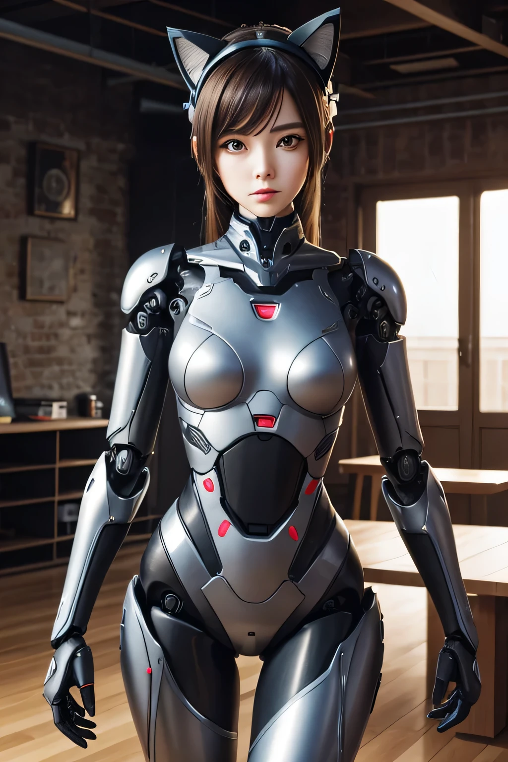 cat-eared female robot　cat-like pose　mechanical exposed body　indoor