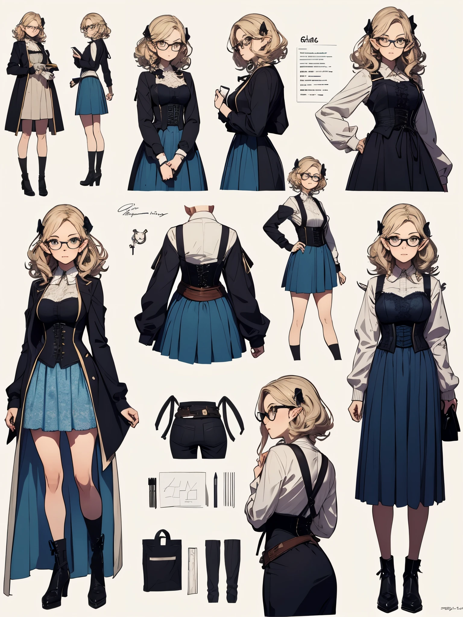 ((masterpiece)),(((best quality))),(character design sheet, same characters, front, side, Back), elf woman, Glasses, curls, bow, lace, white sweater, corset, bright blue, blue long skirt, long skirt, bag, waist pouch, harness, tool带, tool