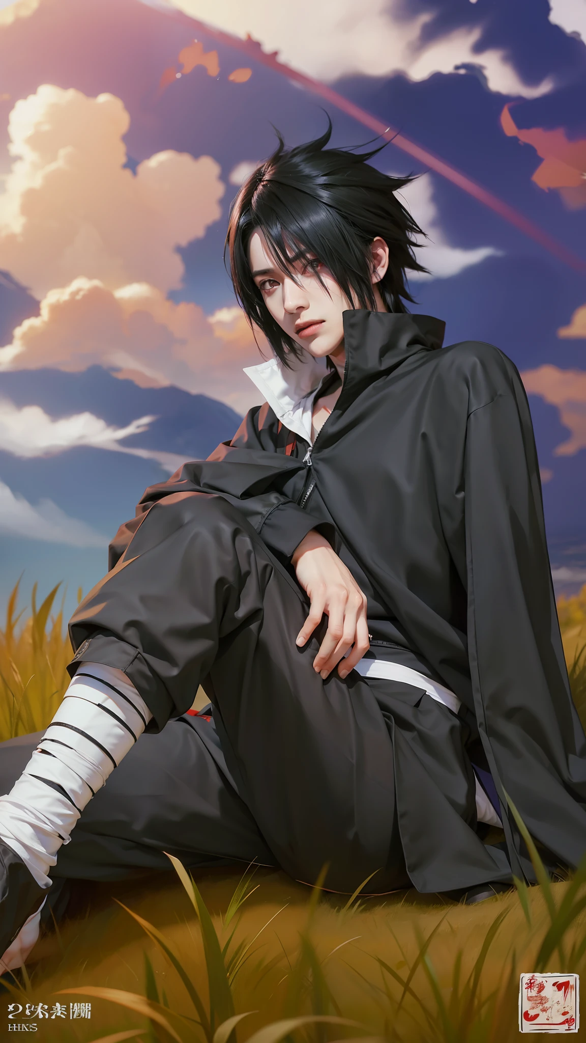 1man, uchiha sasuke in anime naruto, long hair , black hair, red eyes, handsome, black clothes, realistic clothes, detail clothes, outdoor background, ultra detail, realistic