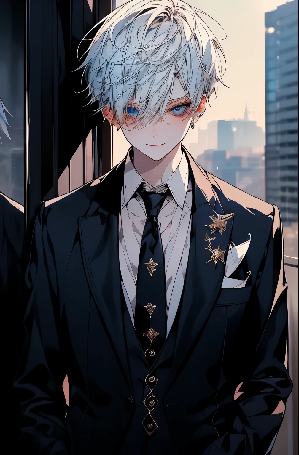 1kpop boy with tatoos, thin body, blue eyes, messy white, cute smile, white fade cut hair, black business suit, jacket, white shirt, necktie, pants, best quality, hires, detailed face, office, buildings from window, detailed background, diffused sunlight, depth of field, bokeh, golden hour photographic front shot