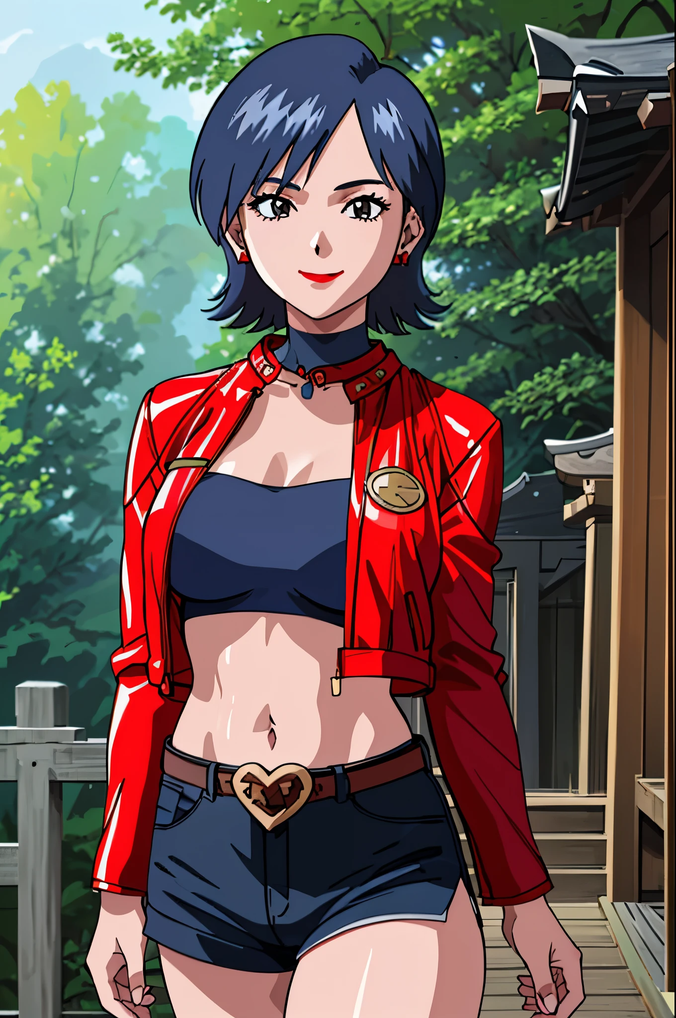 mikictr, 1 girl, alone, stud earrings, lipstick, red jacket, cropped jacket, crop top, belt, shorts, put your hand on your waist, abdomen, lipstick, belly button, blue shorts, black eye, cowboy shot, short shorts, long sleeve, 1990s (style), retro artstyle, open jacket, smile, closed mouth, wood, forest, shinto temple,bold crotch line, jewelry, medium breasts, white bandeau swimsuit, red vest,Gold collar, Necklace with large light blue gemstones, walk,loincloth,