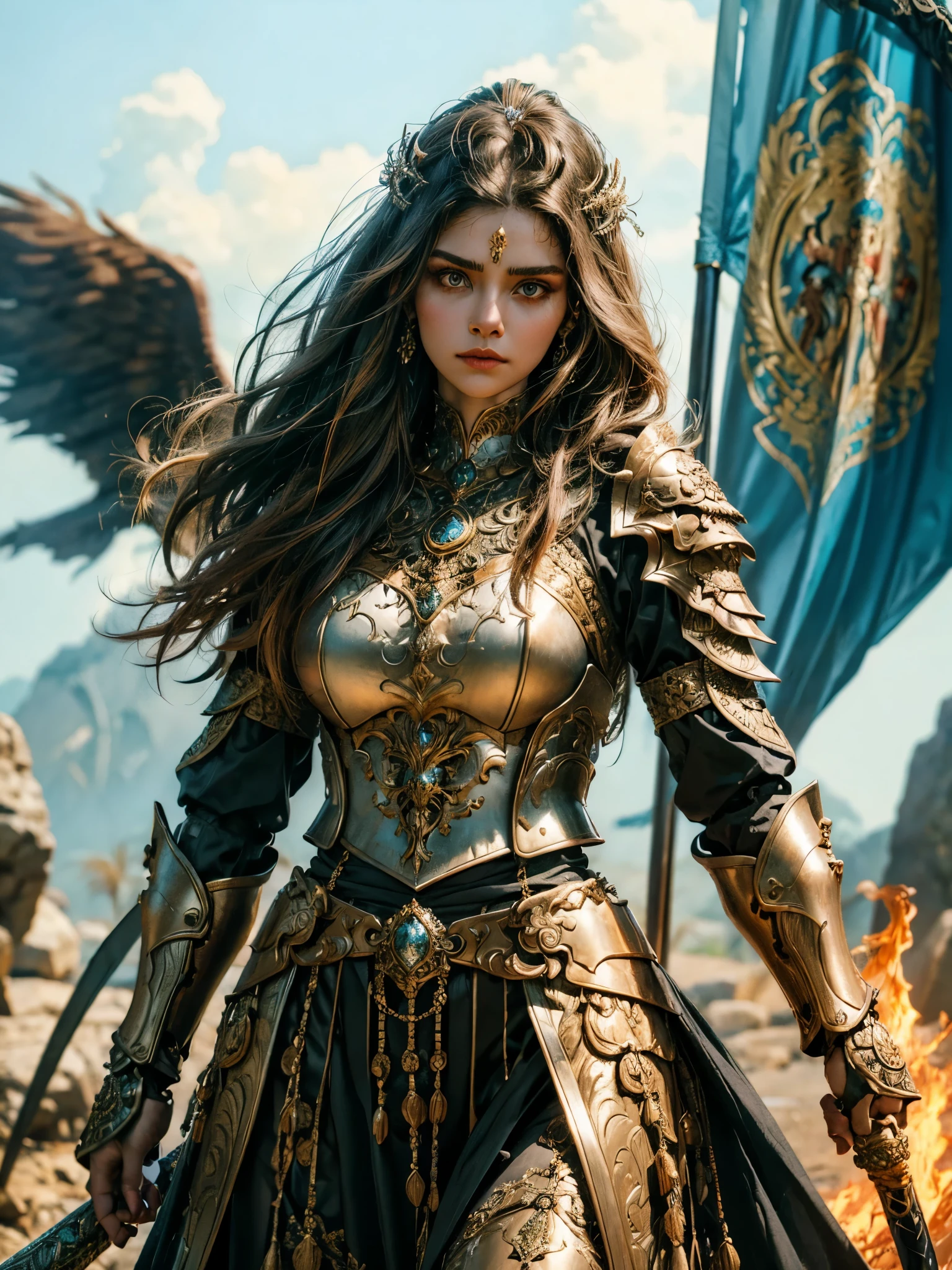 Clad in armor adorned with ornate filigree and gemstones, a fierce warrior princess stands atop a rocky outcrop, her sword held high in one hand while the other rests confidently on her hip. Her long hair flows behind her like a banner in the wind, and her eyes burn with the fire of battle. She exudes an aura of strength and confidence, ready to face any challenge that comes her way.