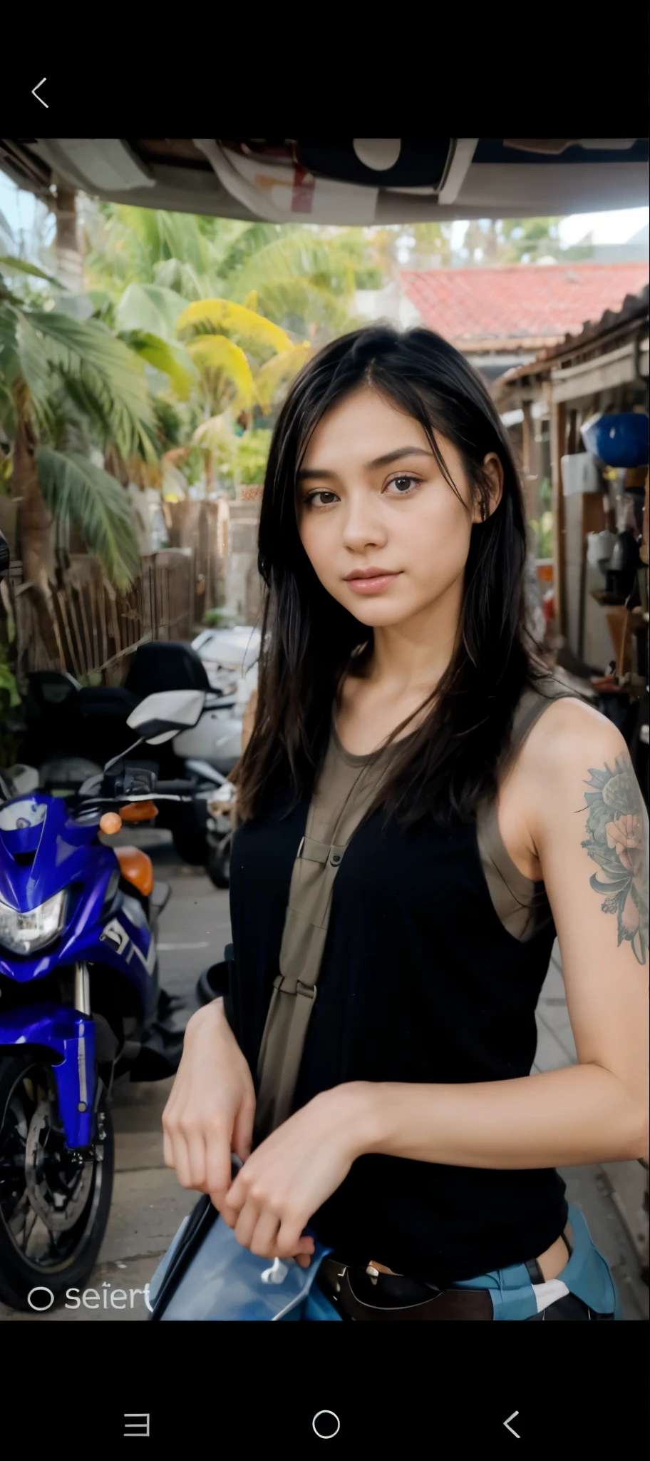 An European girl works as a motorbike repairman, there are many Yamaha and Honda motorbikes behind her, Indonesian nuance, shoulder length black hair, bob style hair, full body from head to toe, wearing a really oversize black tank top, there are tattoes on her arm and her hand